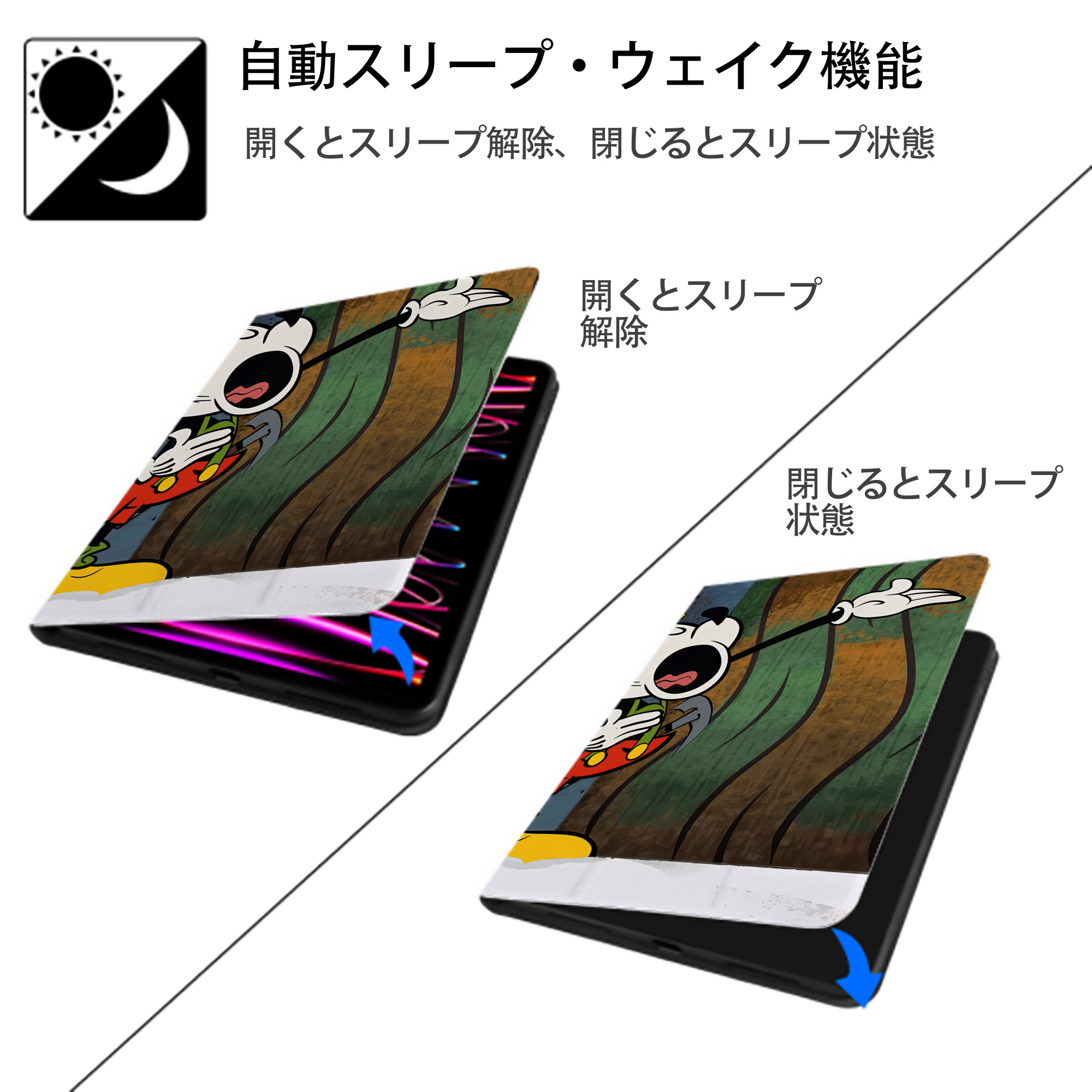 ミッキーマウス Mickey Mouse IPadケース ペンホルダー付き ブックスタイルデザイン