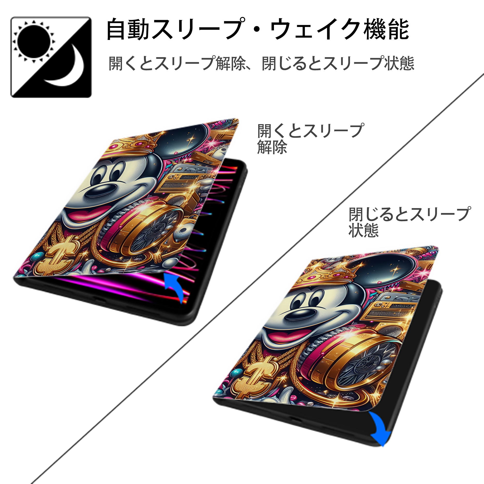 ミッキーマウス Mickey Mouse IPadケース ペンホルダー付き ブックスタイルデザイン