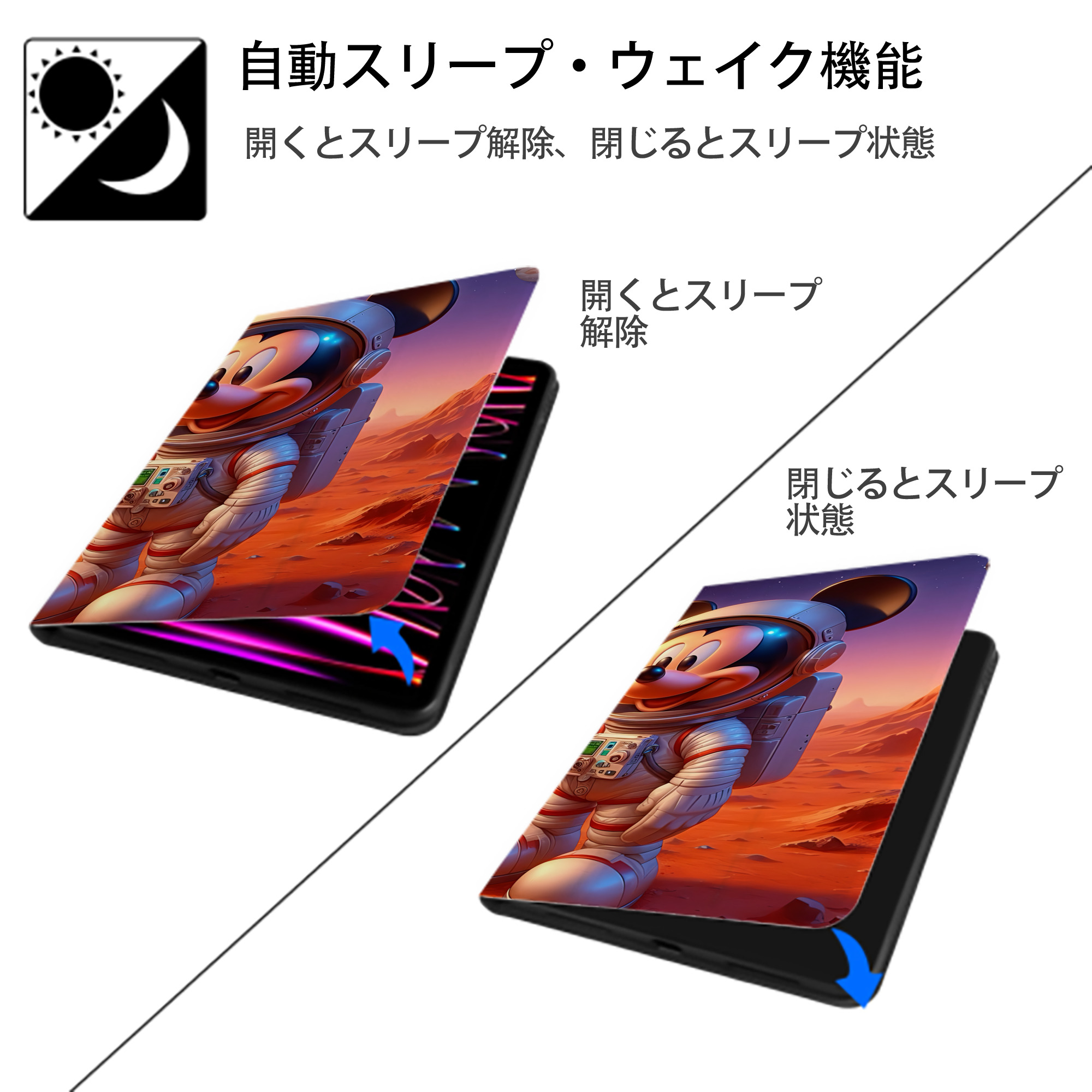 ミッキーマウス Mickey Mouse IPadケース ペンホルダー付き ブックスタイルデザイン