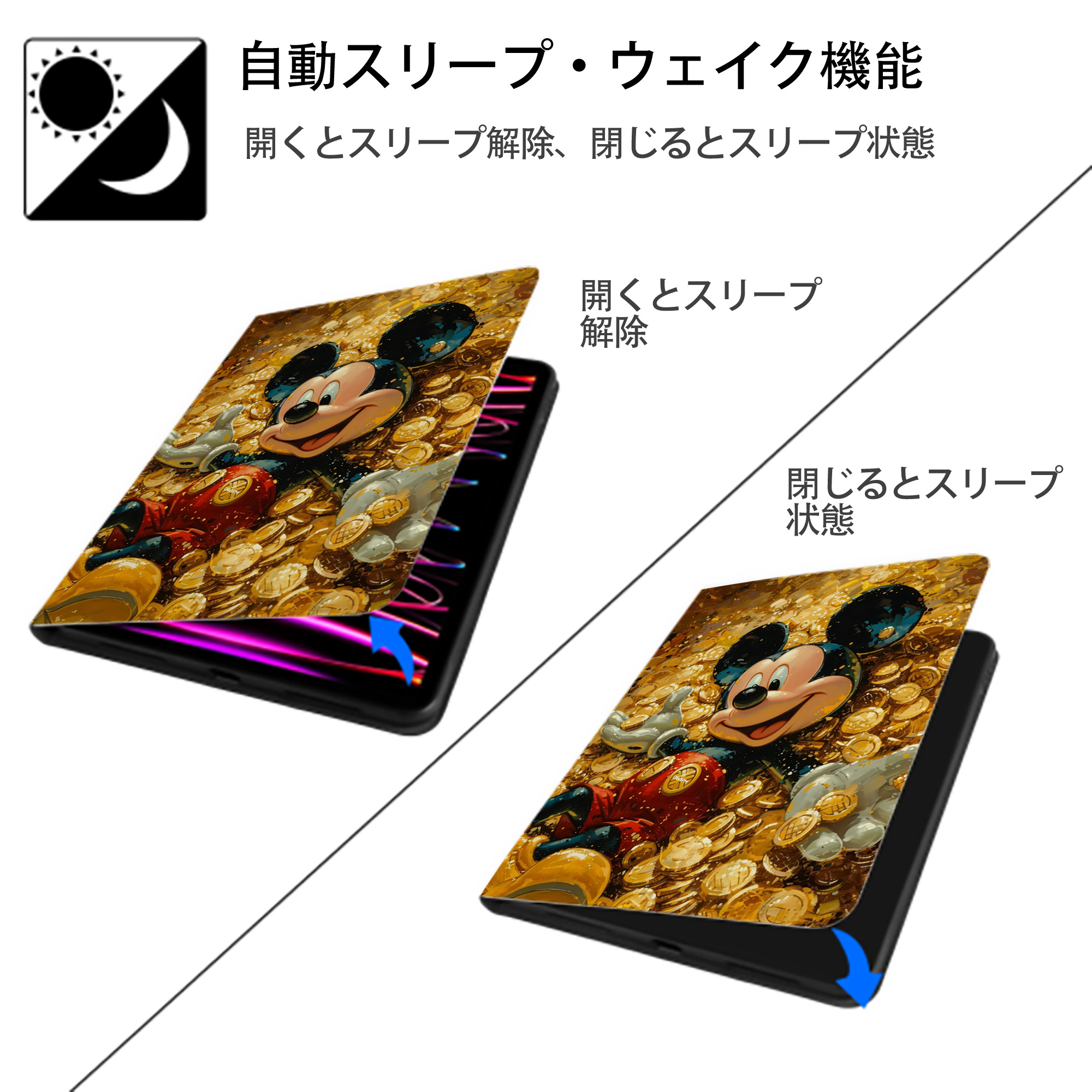 ミッキーマウス Mickey Mouse IPad ケース ペン収納付き 三つ折りスタンド PUレザー×シリコン 対応機種9.5/10.5/10.9インチ
