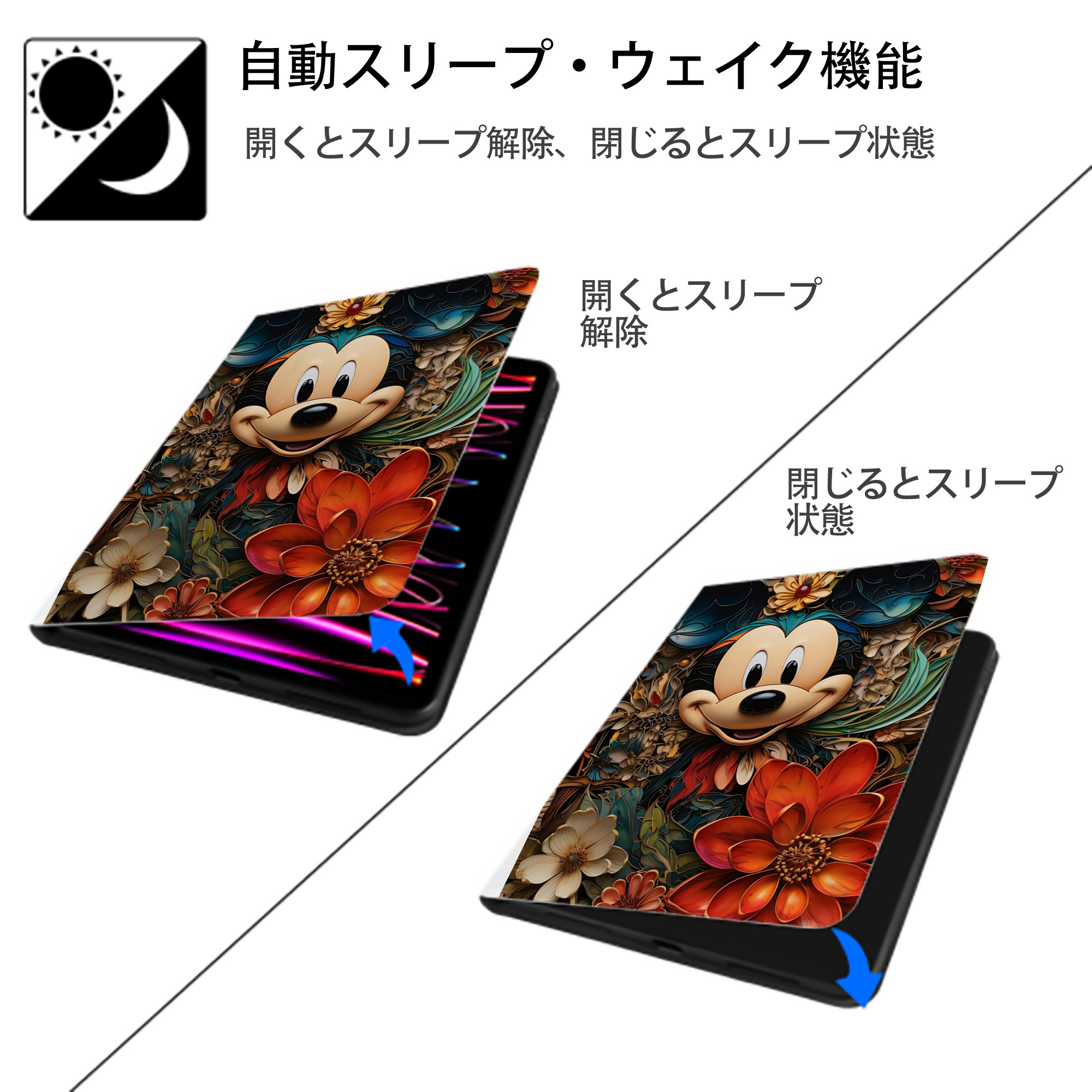 ミッキーマウス Mickey Mouse IPad ケース ペン収納付き 三つ折りスタンド PUレザー×シリコン 対応機種9.5/10.5/10.9インチ