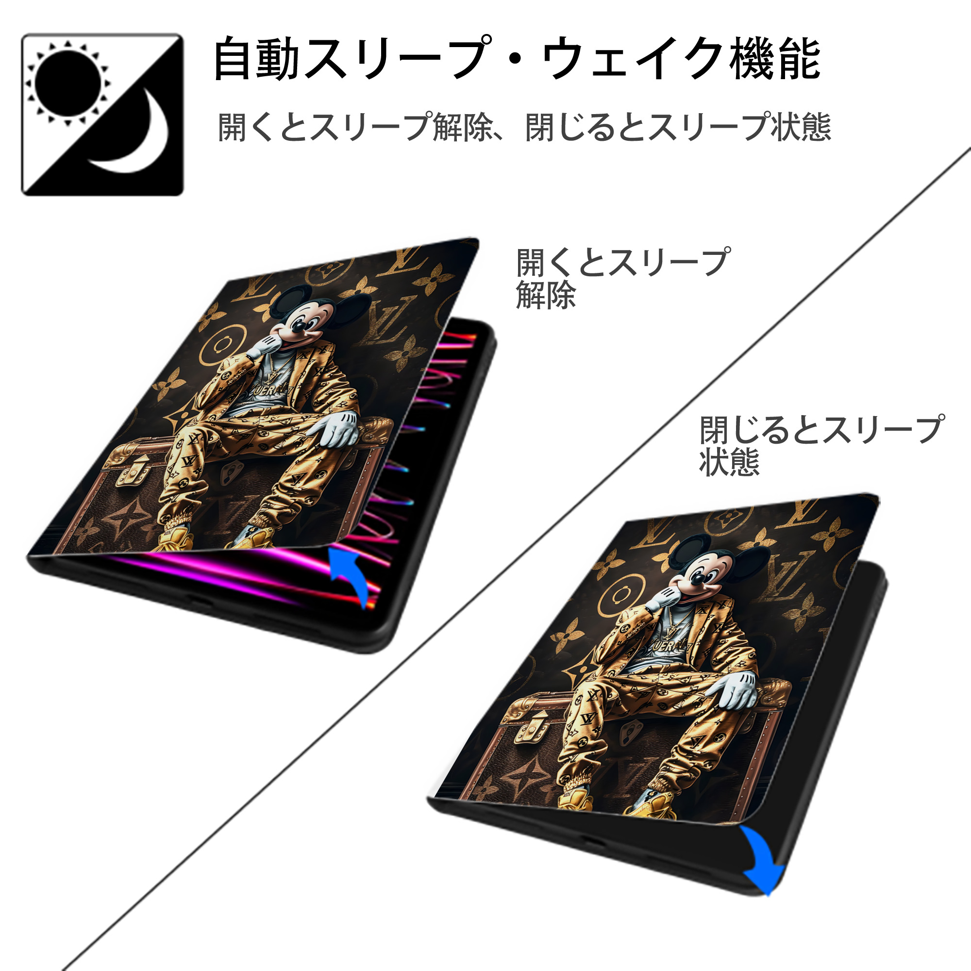 ミッキーマウス Mickey Mouse IPad ケース ペン収納付き 三つ折りスタンド PUレザー×シリコン 対応機種9.5/10.5/10.9インチ