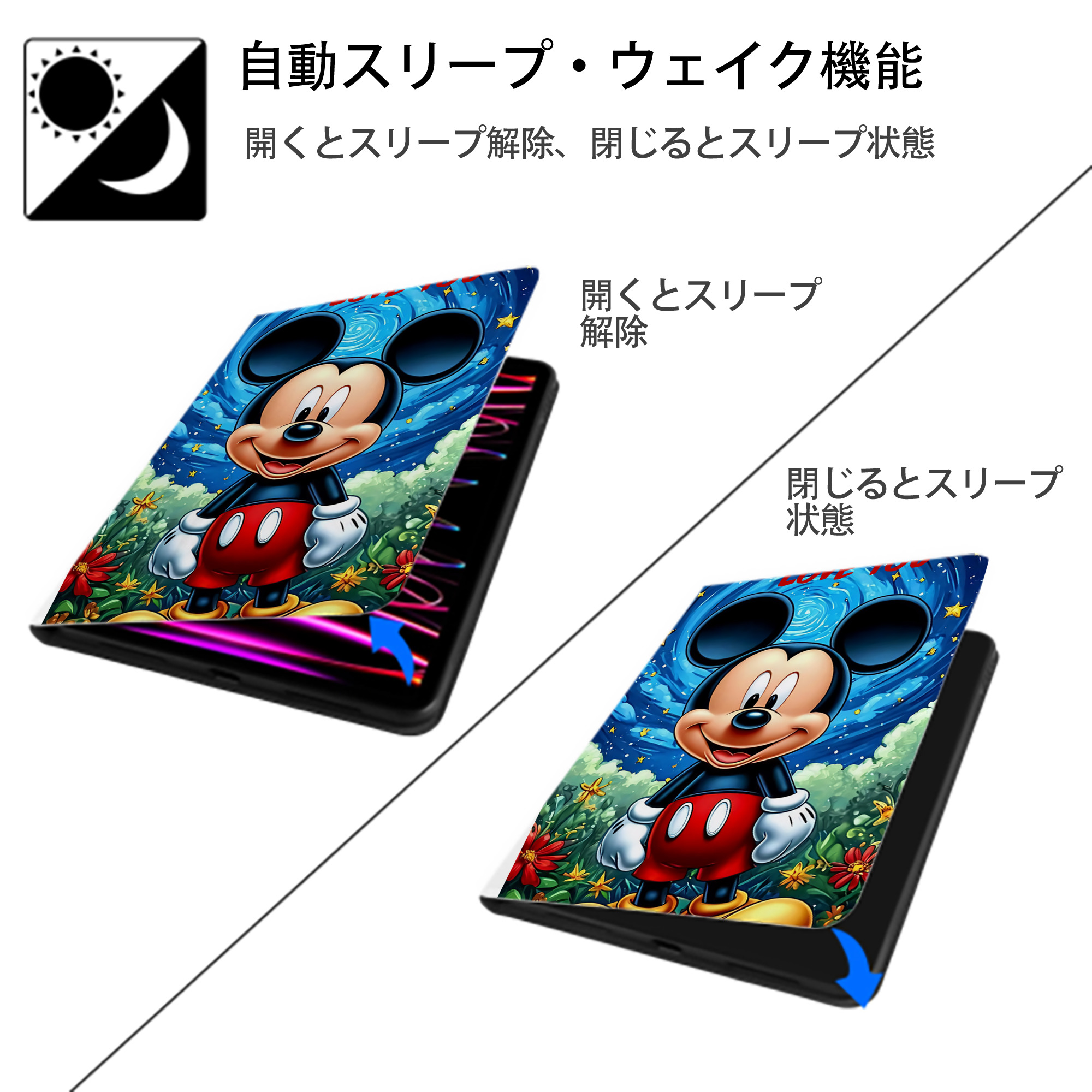 ミッキーマウス Mickey Mouse IPad ケース ペン収納付き 三つ折りスタンド PUレザー×シリコン 対応機種9.5/10.5/10.9インチ