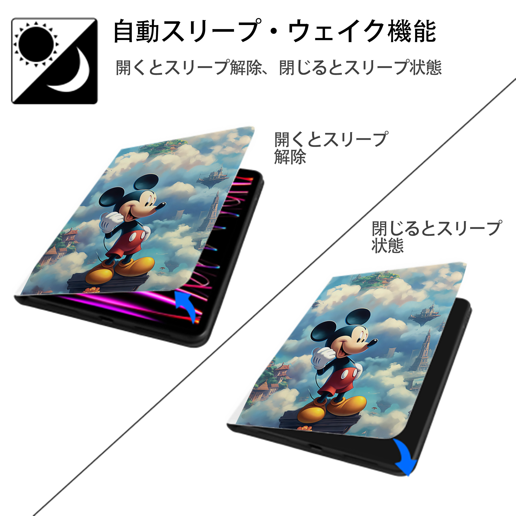 ミッキーマウス Mickey Mouse IPad ケース ペン収納付き 三つ折りスタンド PUレザー×シリコン 対応機種9.5/10.5/10.9インチ