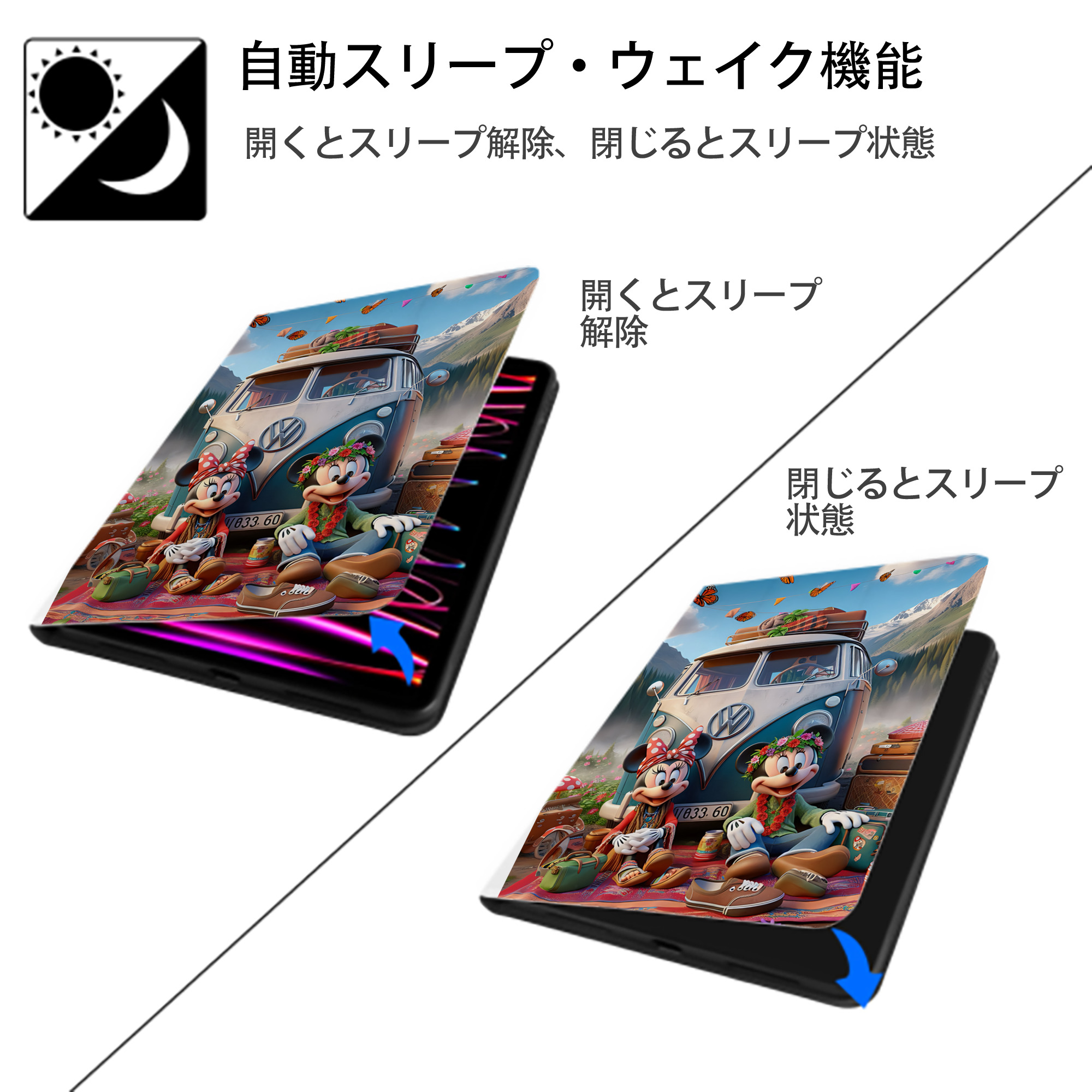 ミッキーマウス Mickey Mouse IPad ケース ペン収納付き 三つ折りスタンド PUレザー×シリコン 対応機種9.5/10.5/10.9インチ