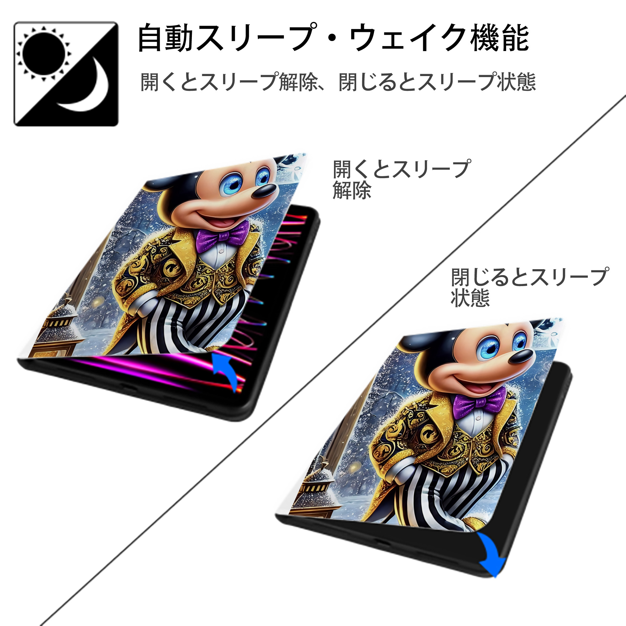 ミッキーマウス Mickey Mouse IPad ケース ペン収納付き 三つ折りスタンド PUレザー×シリコン 対応機種9.5/10.5/10.9インチ