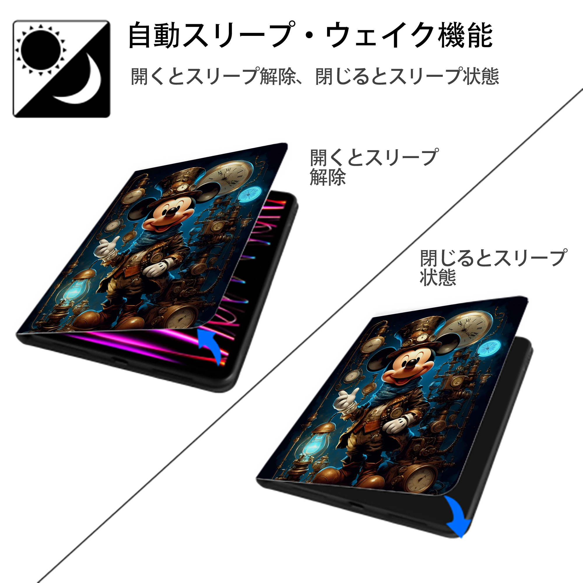 ミッキーマウス Mickey Mouse IPad ケース ペン収納付き 三つ折りスタンド PUレザー×シリコン 対応機種9.5/10.5/10.9インチ