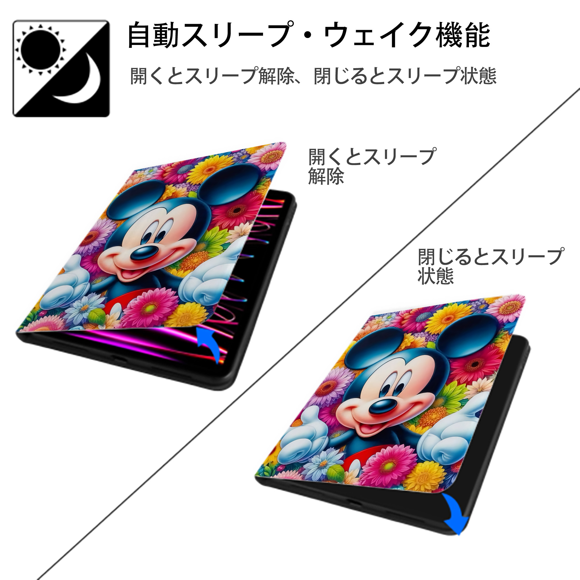 ミッキーマウス Mickey Mouse IPad ケース ペン収納付き 三つ折りスタンド PUレザー×シリコン 対応機種9.5/10.5/10.9インチ