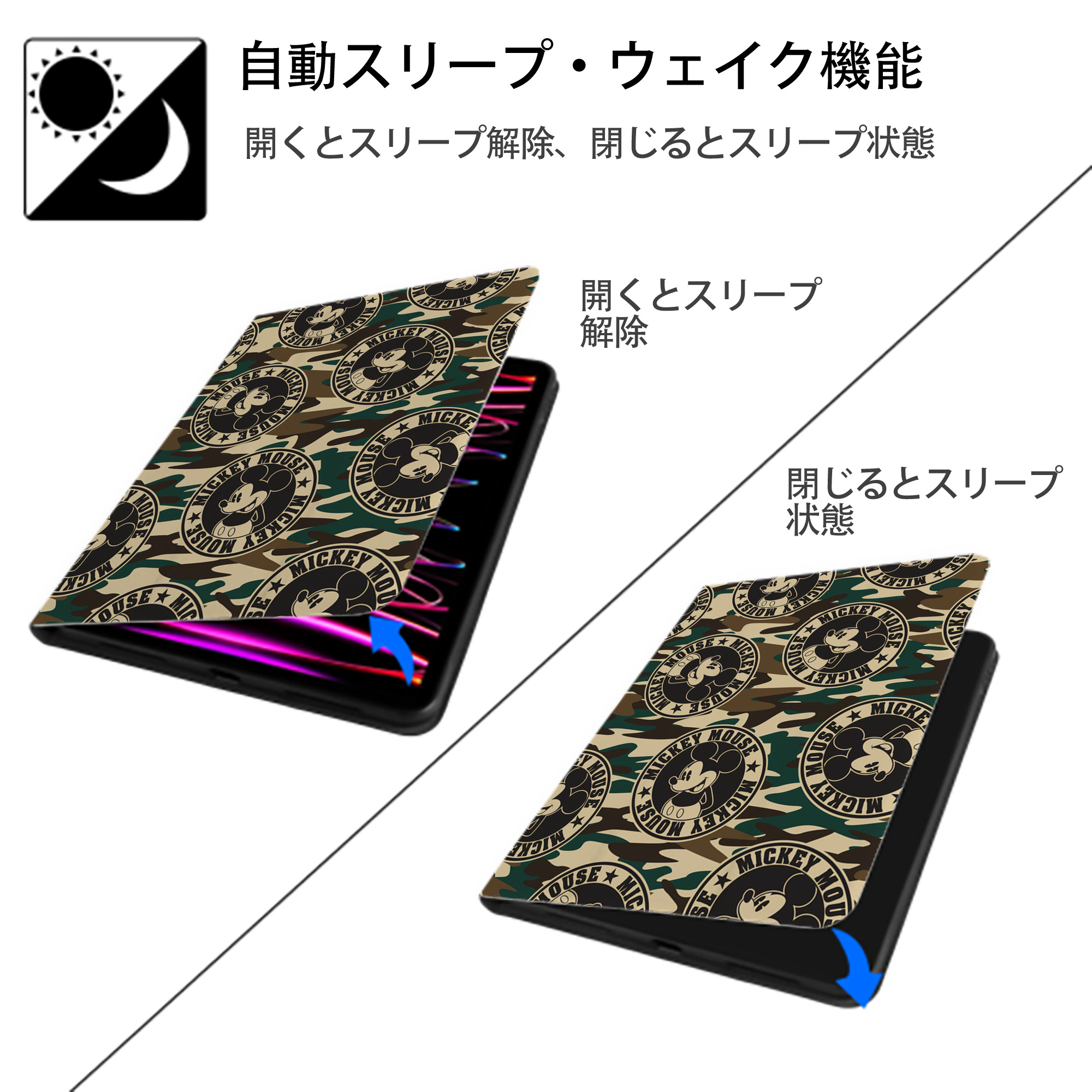 ミッキーマウス Mickey Mouse IPad ケース ペン収納付き 三つ折りスタンド PUレザー×シリコン 対応機種9.5/10.5/10.9インチ