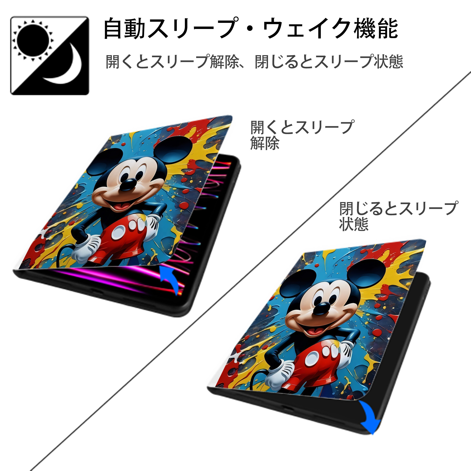 ミッキーマウス Mickey Mouse IPad ケース ペン収納付き 三つ折りスタンド PUレザー×シリコン 対応機種9.5/10.5/10.9インチ