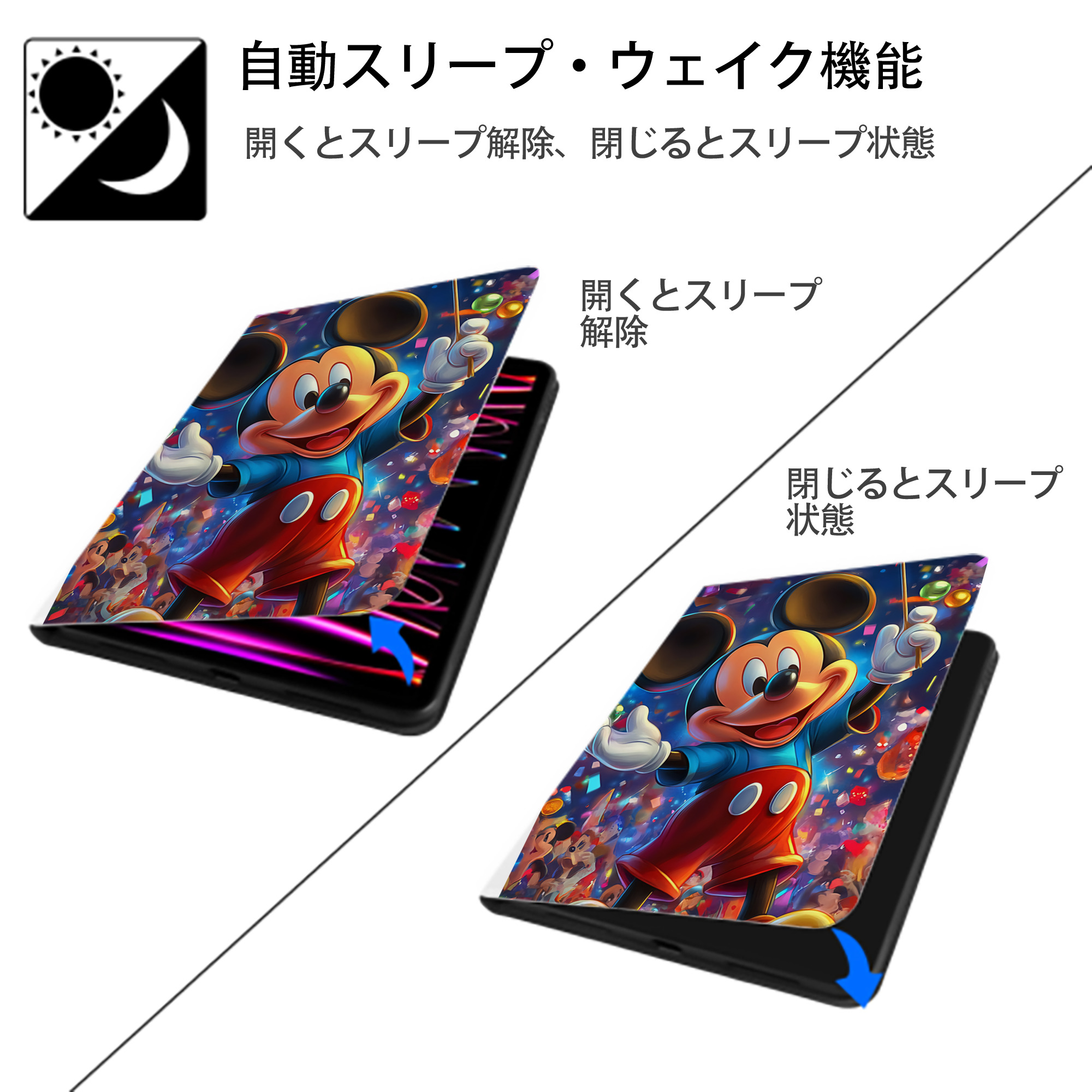ミッキーマウス Mickey Mouse IPad ケース ペン収納付き 三つ折りスタンド PUレザー×シリコン 対応機種9.5/10.5/10.9インチ