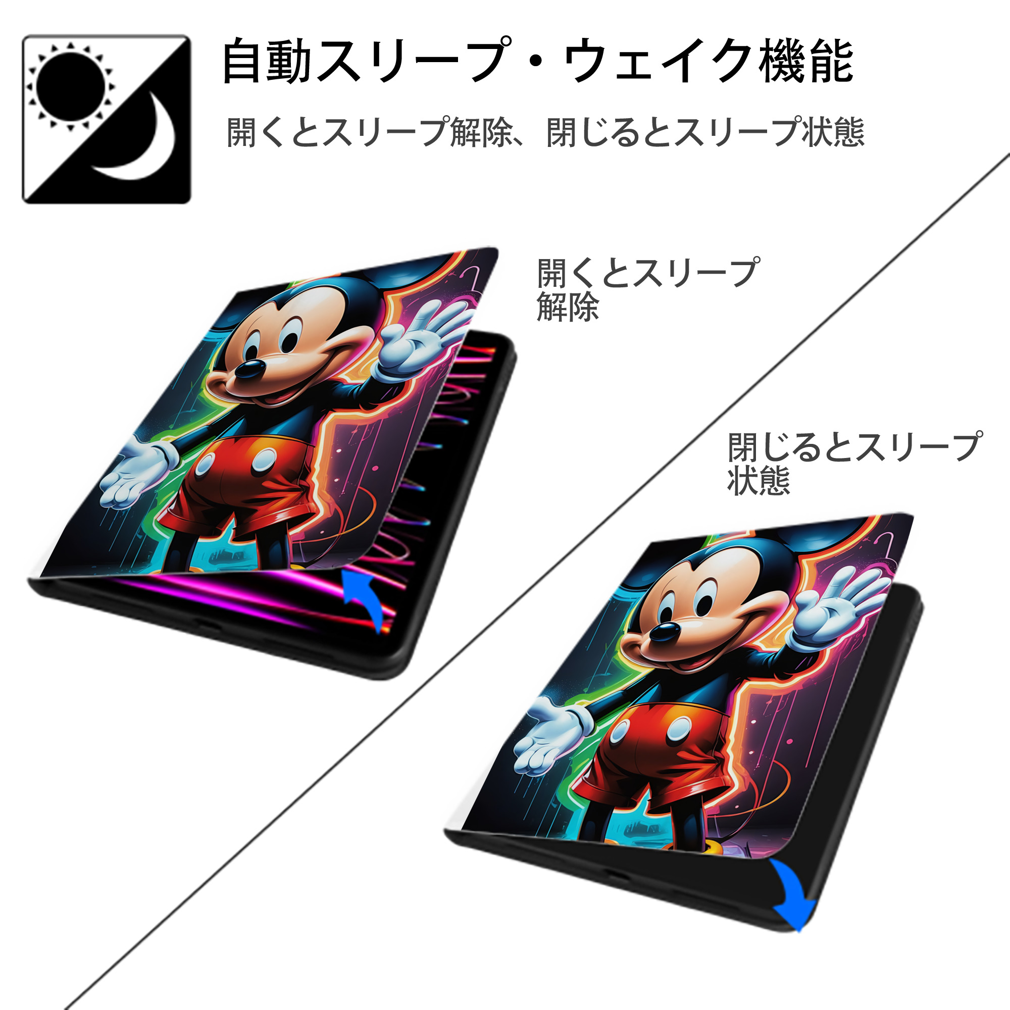 ミッキーマウス Mickey Mouse IPad ケース ペン収納付き 三つ折りスタンド PUレザー×シリコン 対応機種9.5/10.5/10.9インチ