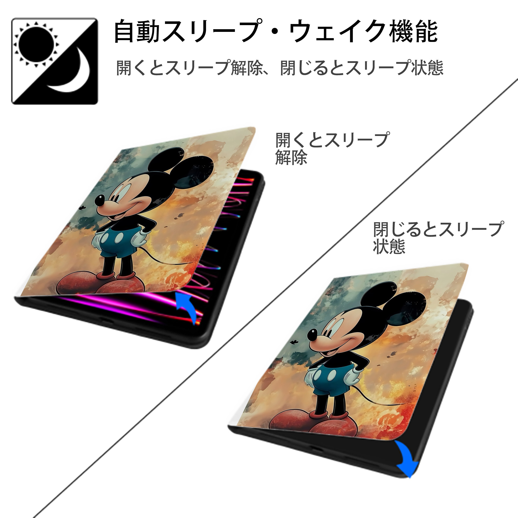 ミッキーマウス Mickey Mouse IPad ケース ペン収納付き 三つ折りスタンド PUレザー×シリコン 対応機種9.5/10.5/10.9インチ
