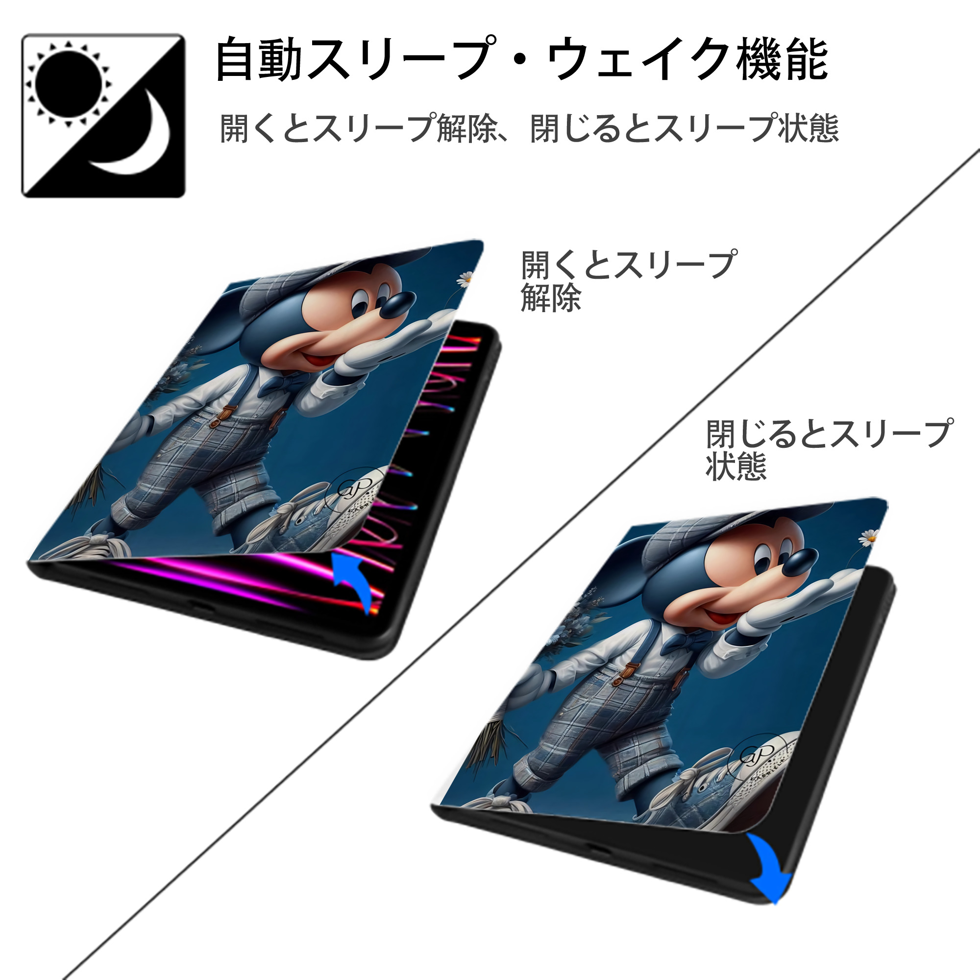 ミッキーマウス Mickey Mouse IPad ケース ペン収納付き 三つ折りスタンド PUレザー×シリコン 対応機種9.5/10.5/10.9インチ