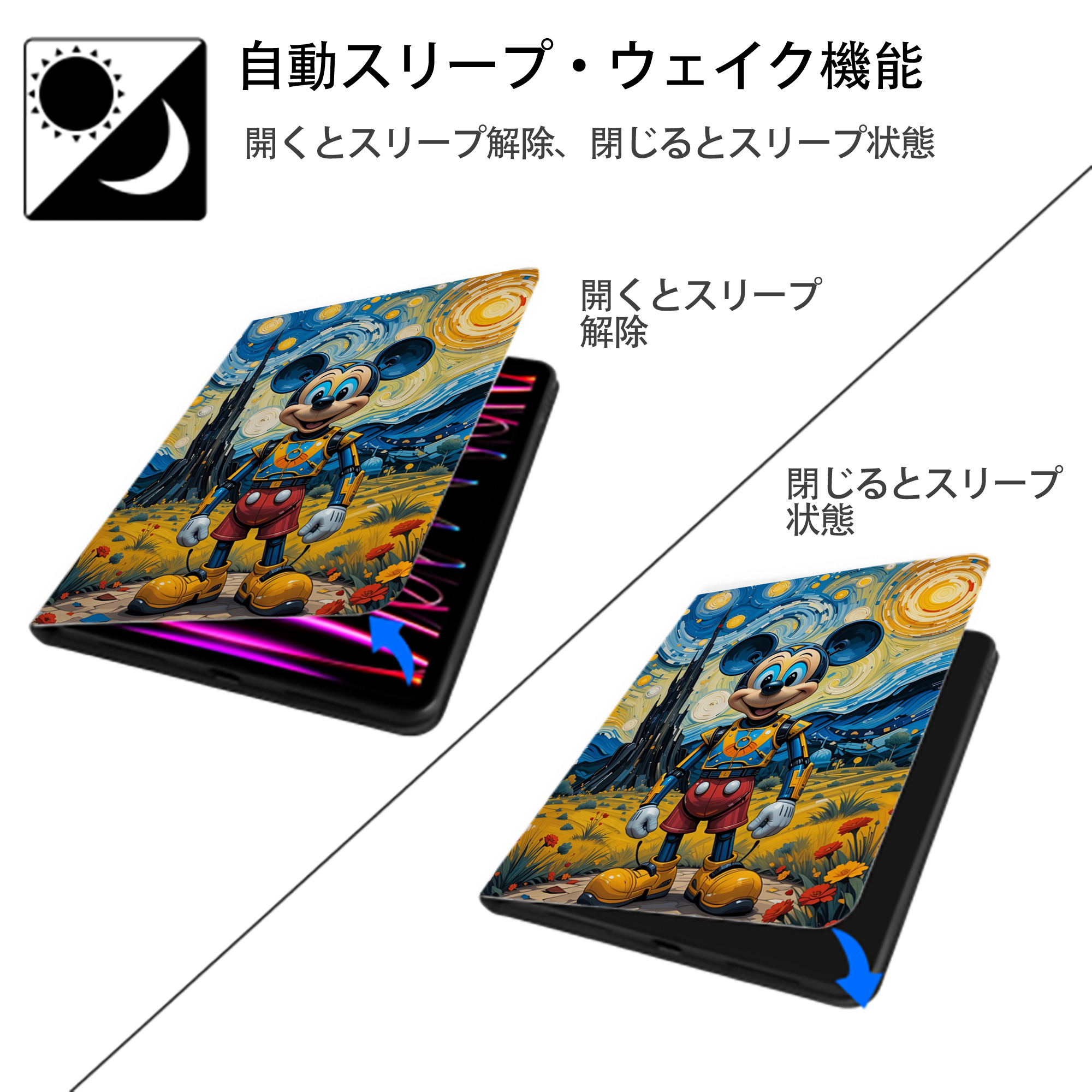 ミッキーマウス Mickey Mouse IPad ケース ペン収納付き 三つ折りスタンド PUレザー×シリコン 対応機種9.5/10.5/10.9インチ
