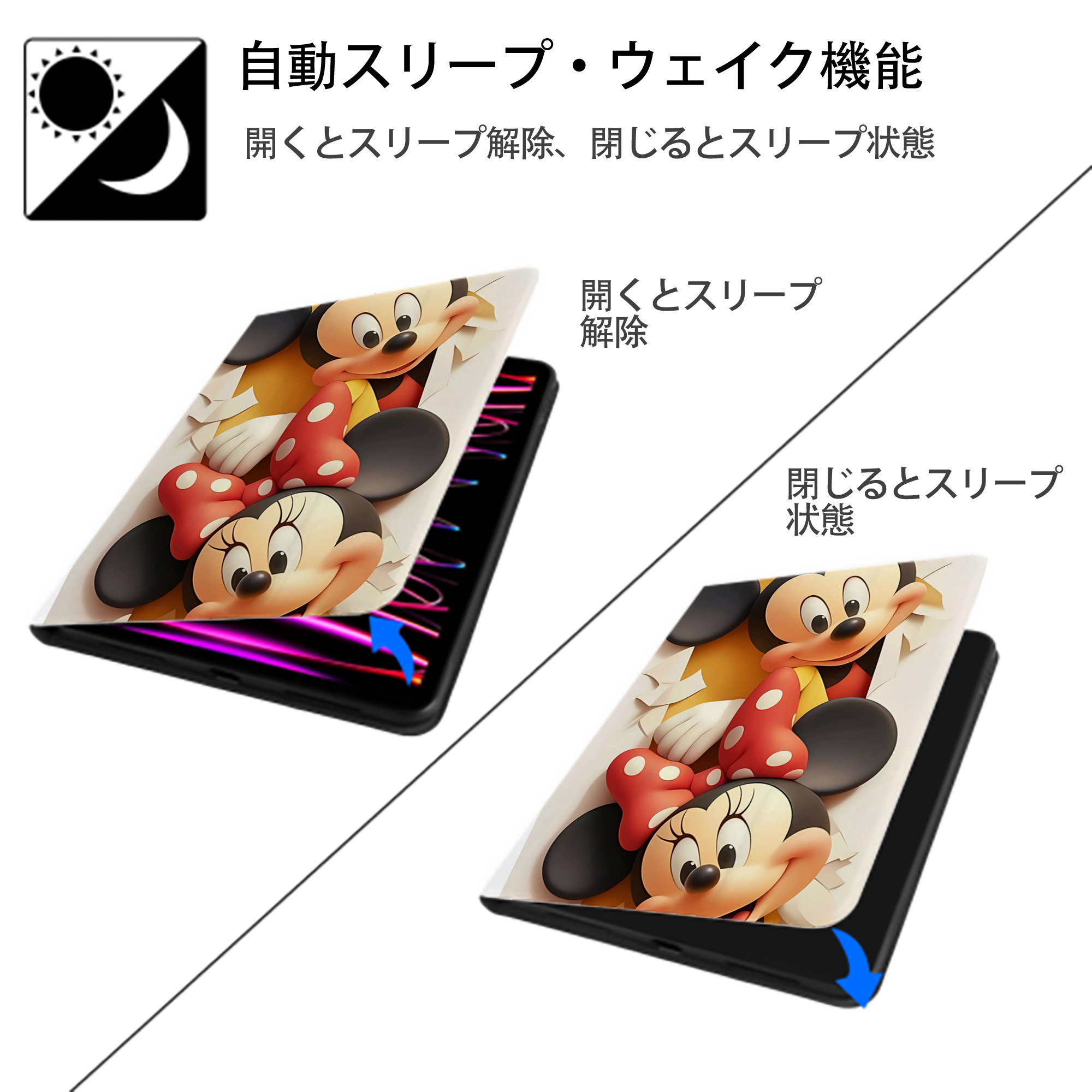 ミッキーマウス Mickey Mouse IPad ケース ペン収納付き 三つ折りスタンド PUレザー×シリコン 対応機種9.5/10.5/10.9インチ
