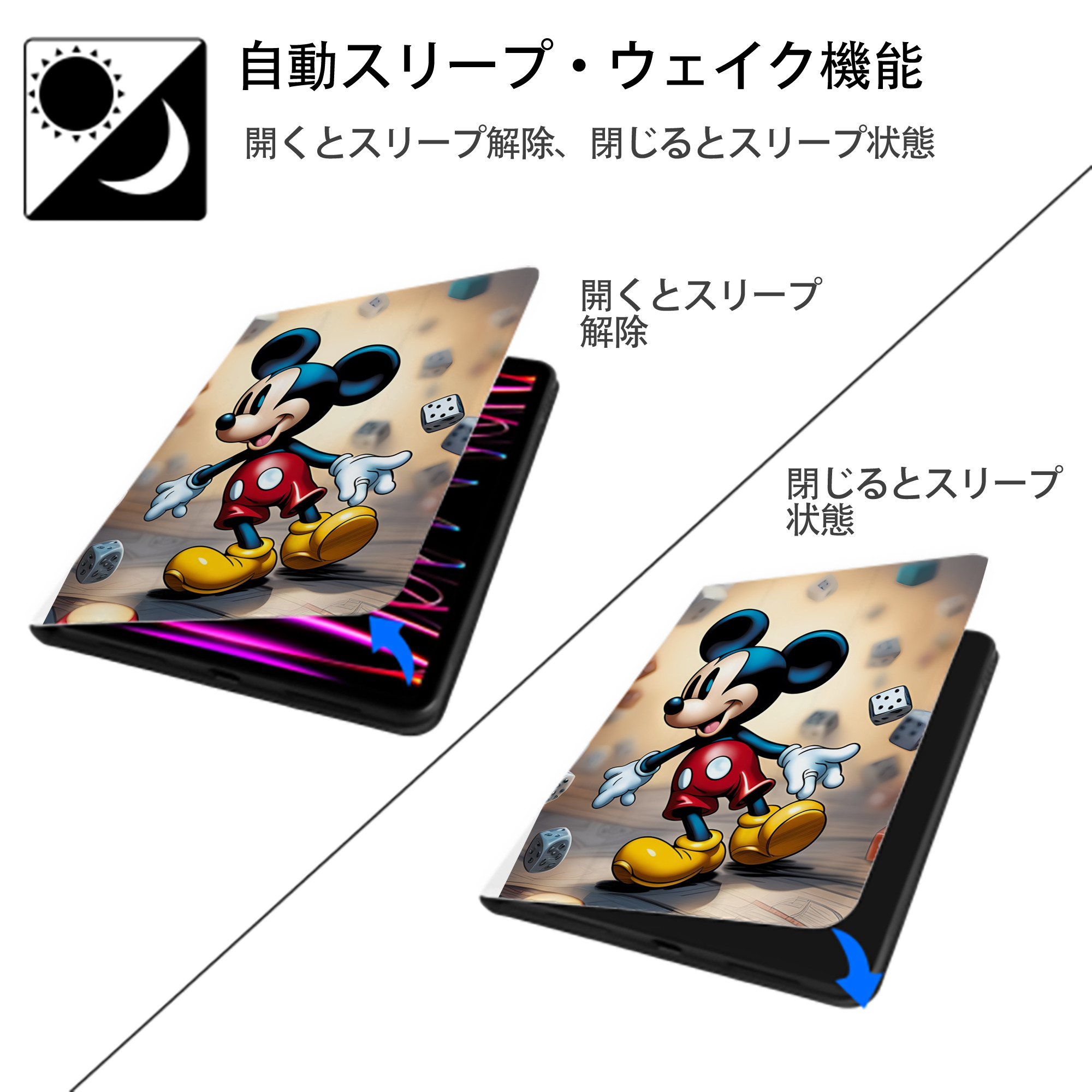ミッキーマウス Mickey Mouse IPad ケース ペン収納付き 三つ折りスタンド PUレザー×シリコン 対応機種9.5/10.5/10.9インチ