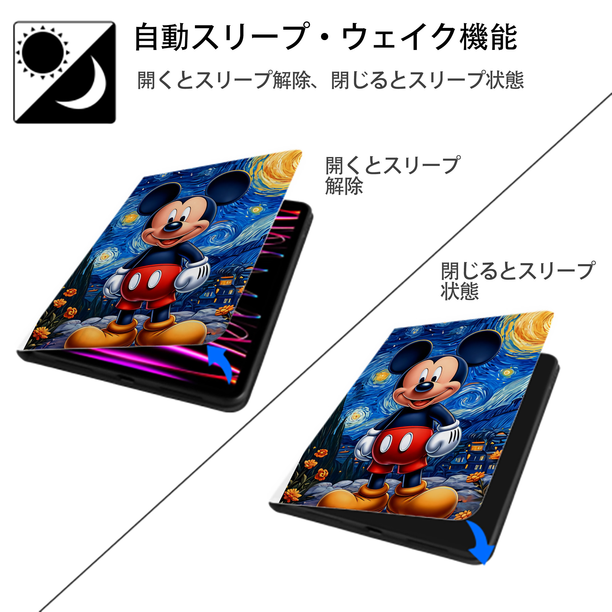 ミッキーマウス Mickey Mouse IPad ケース ペン収納付き 三つ折りスタンド PUレザー×シリコン 対応機種9.5/10.5/10.9インチ