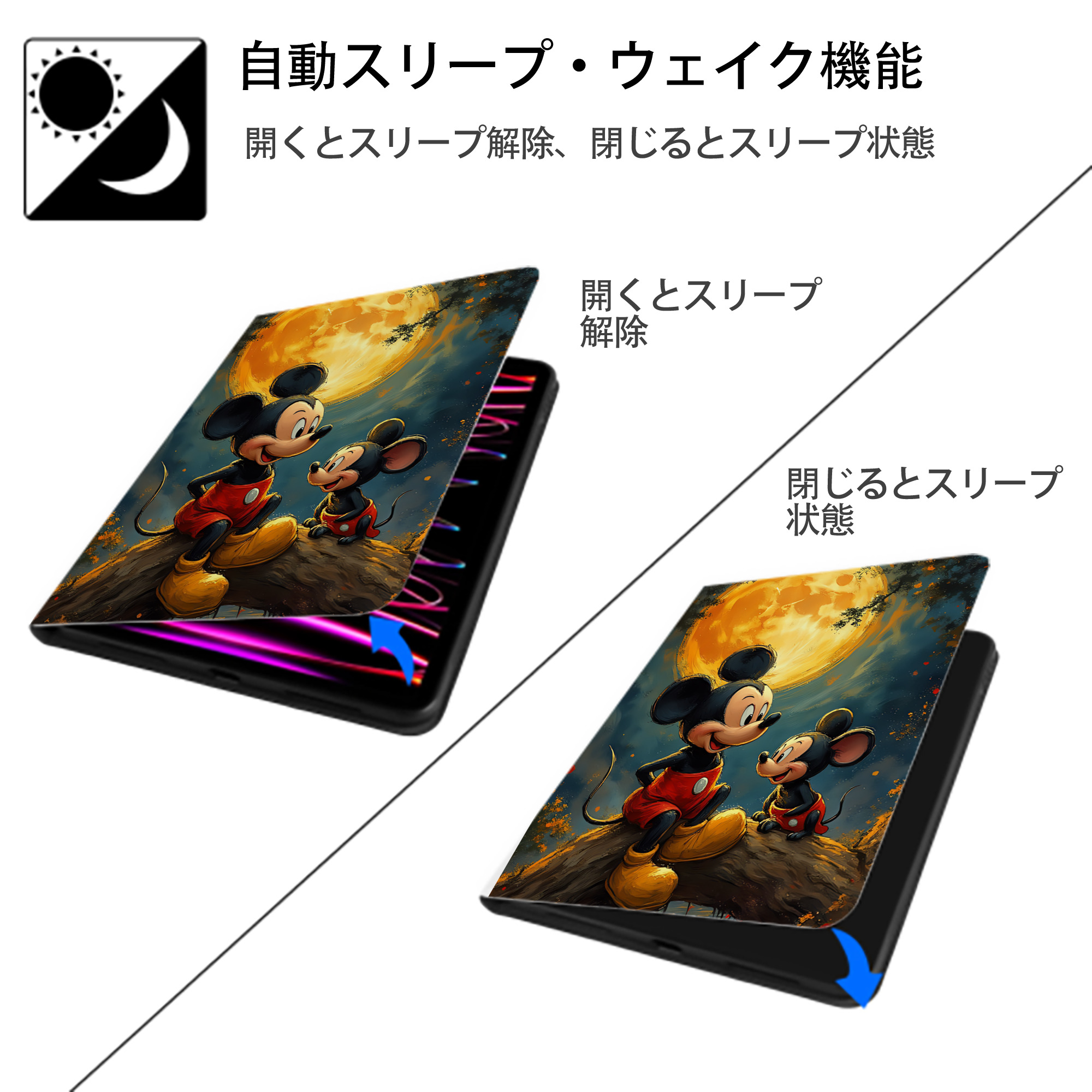 ミッキーマウス Mickey Mouse IPad ケース ペン収納付き 三つ折りスタンド PUレザー×シリコン 対応機種9.5/10.5/10.9インチ