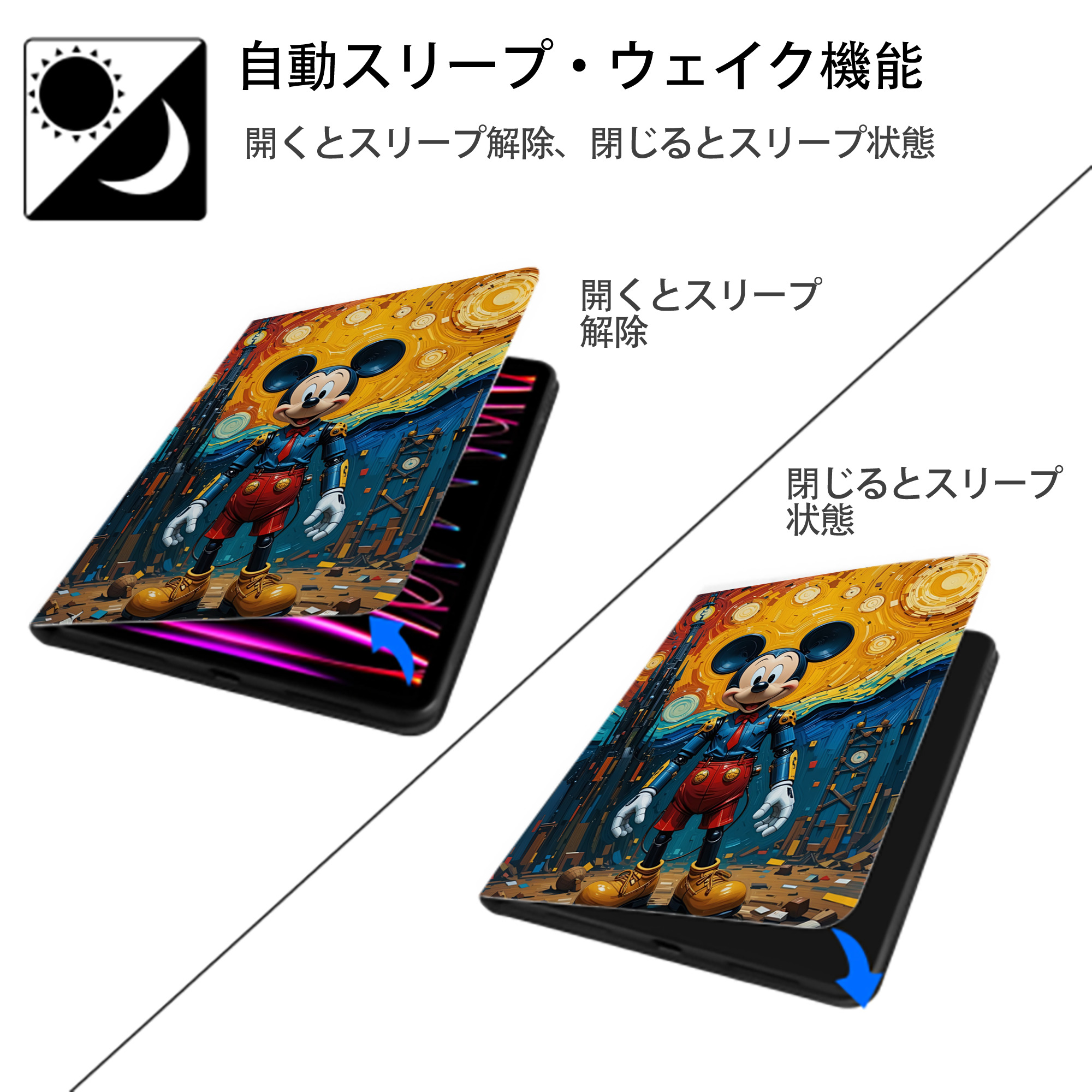 ミッキーマウス Mickey Mouse IPad ケース ペン収納付き 三つ折りスタンド PUレザー×シリコン 対応機種9.5/10.5/10.9インチ