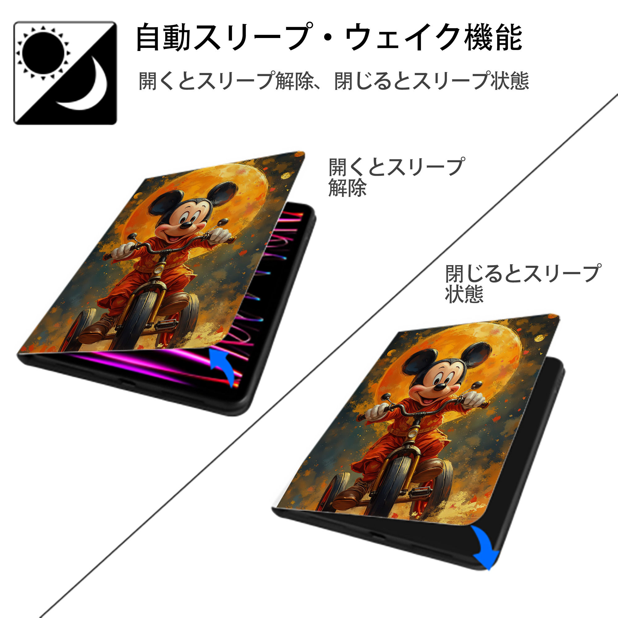 ミッキーマウス Mickey Mouse IPad ケース ペン収納付き 三つ折りスタンド PUレザー×シリコン 対応機種9.5/10.5/10.9インチ