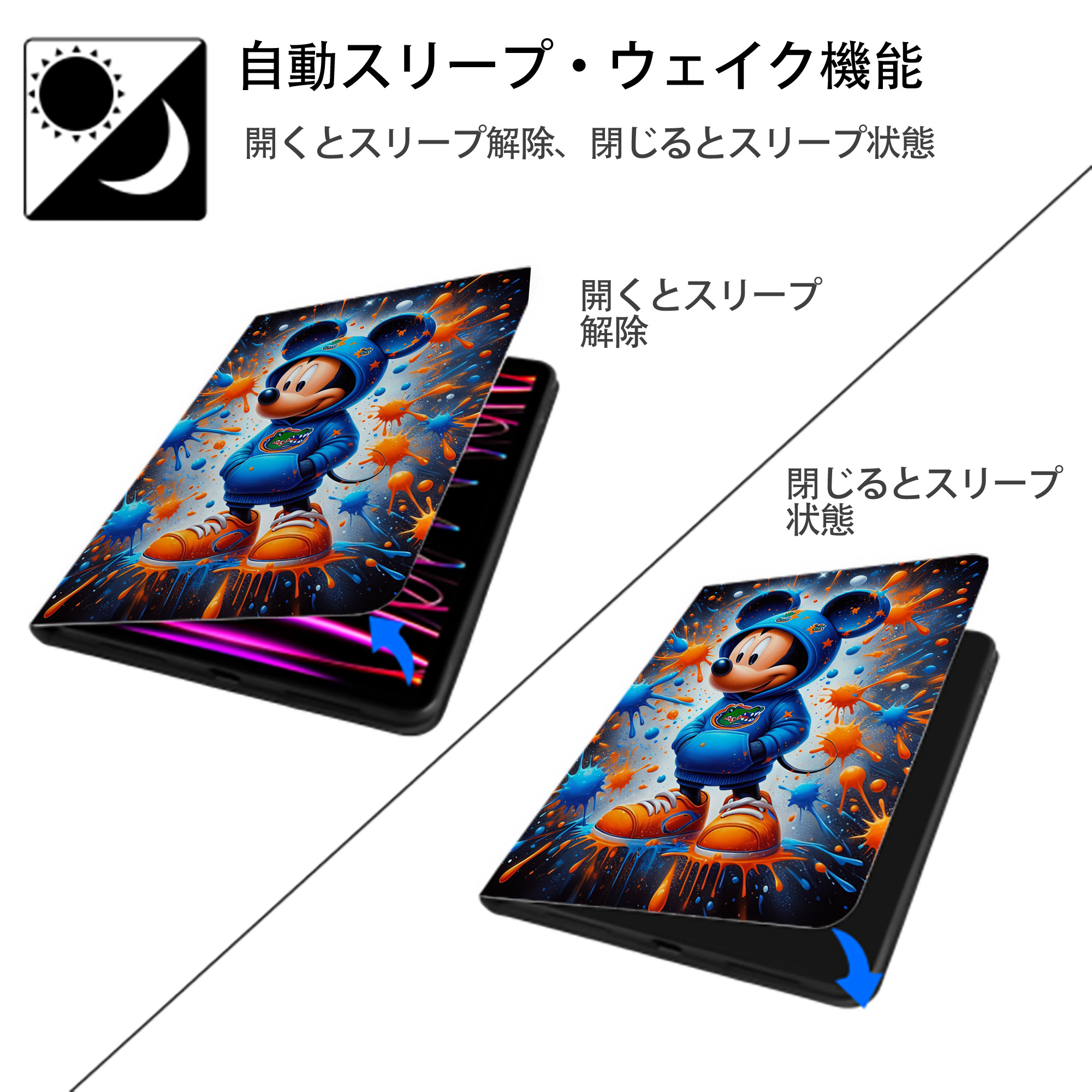 ミッキーマウス Mickey Mouse IPad ケース ペン収納付き 三つ折りスタンド PUレザー×シリコン 対応機種9.5/10.5/10.9インチ