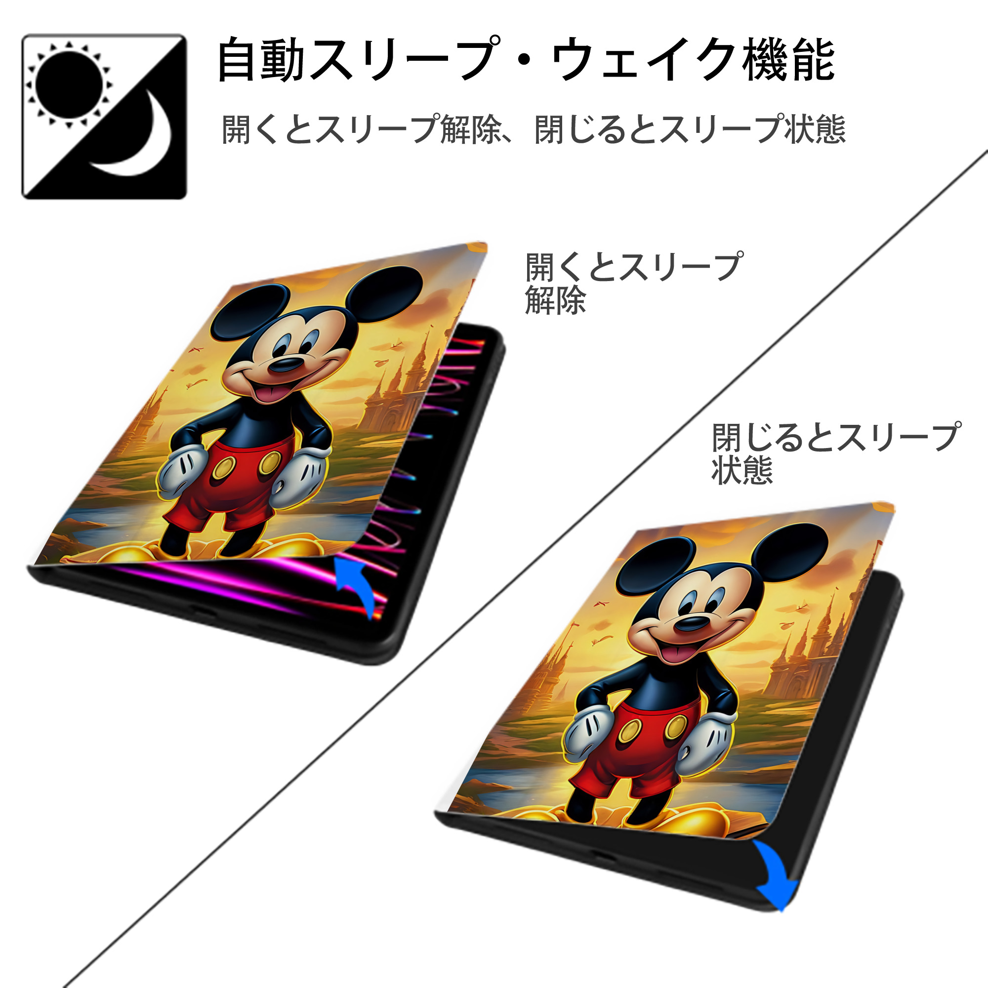 ミッキーマウス Mickey Mouse IPad ケース ペン収納付き 三つ折りスタンド PUレザー×シリコン 対応機種9.5/10.5/10.9インチ