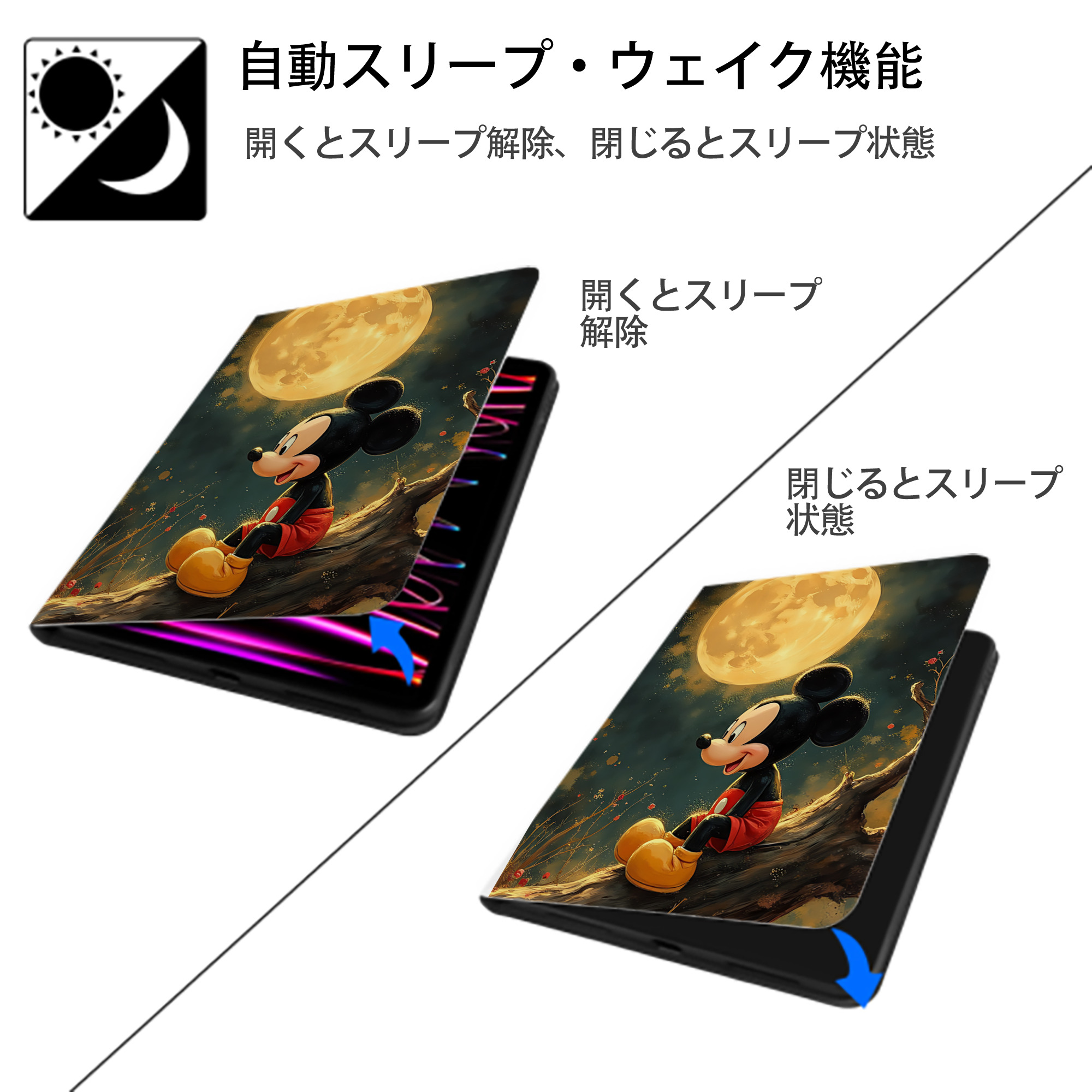 ミッキーマウス Mickey Mouse IPad ケース ペン収納付き 三つ折りスタンド PUレザー×シリコン 対応機種9.5/10.5/10.9インチ