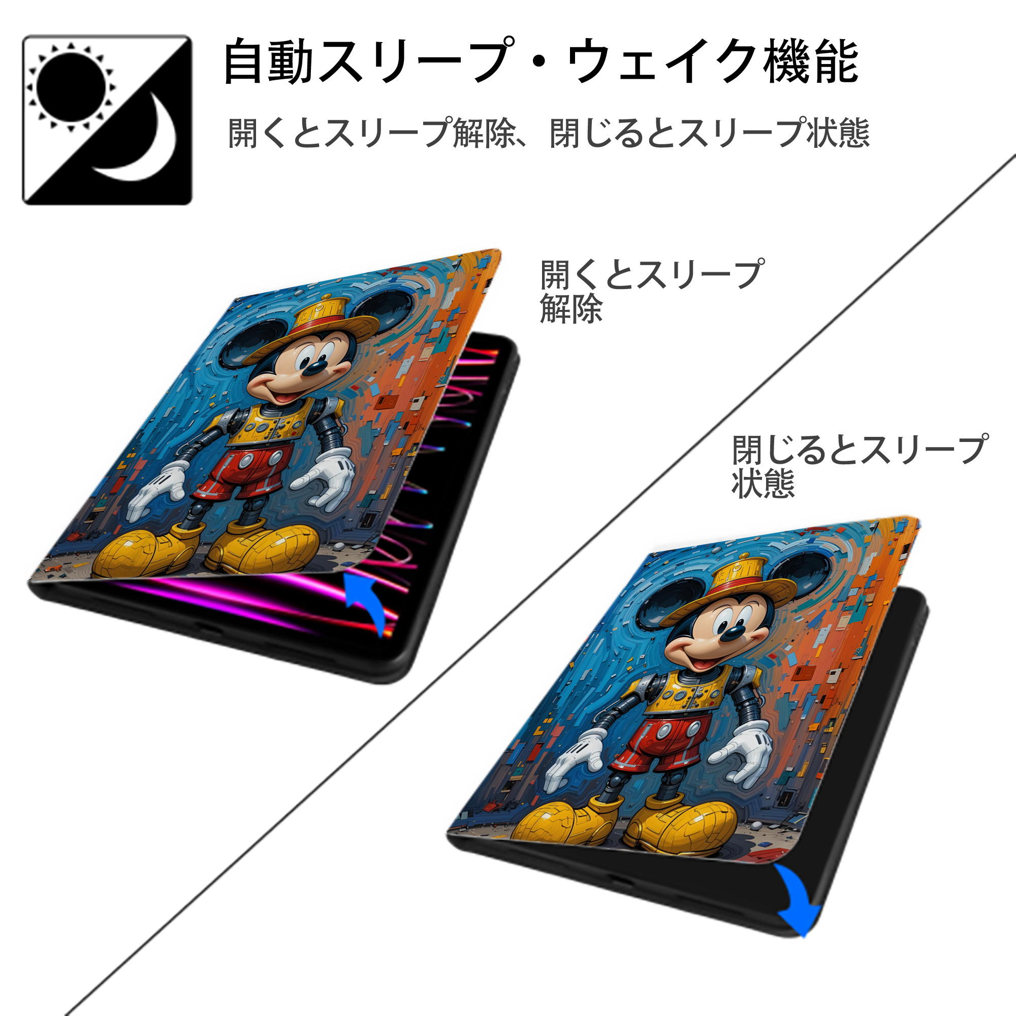 ミッキーマウス Mickey Mouse IPad ケース ペン収納付き 三つ折りスタンド PUレザー×シリコン 対応機種9.5/10.5/10.9インチ