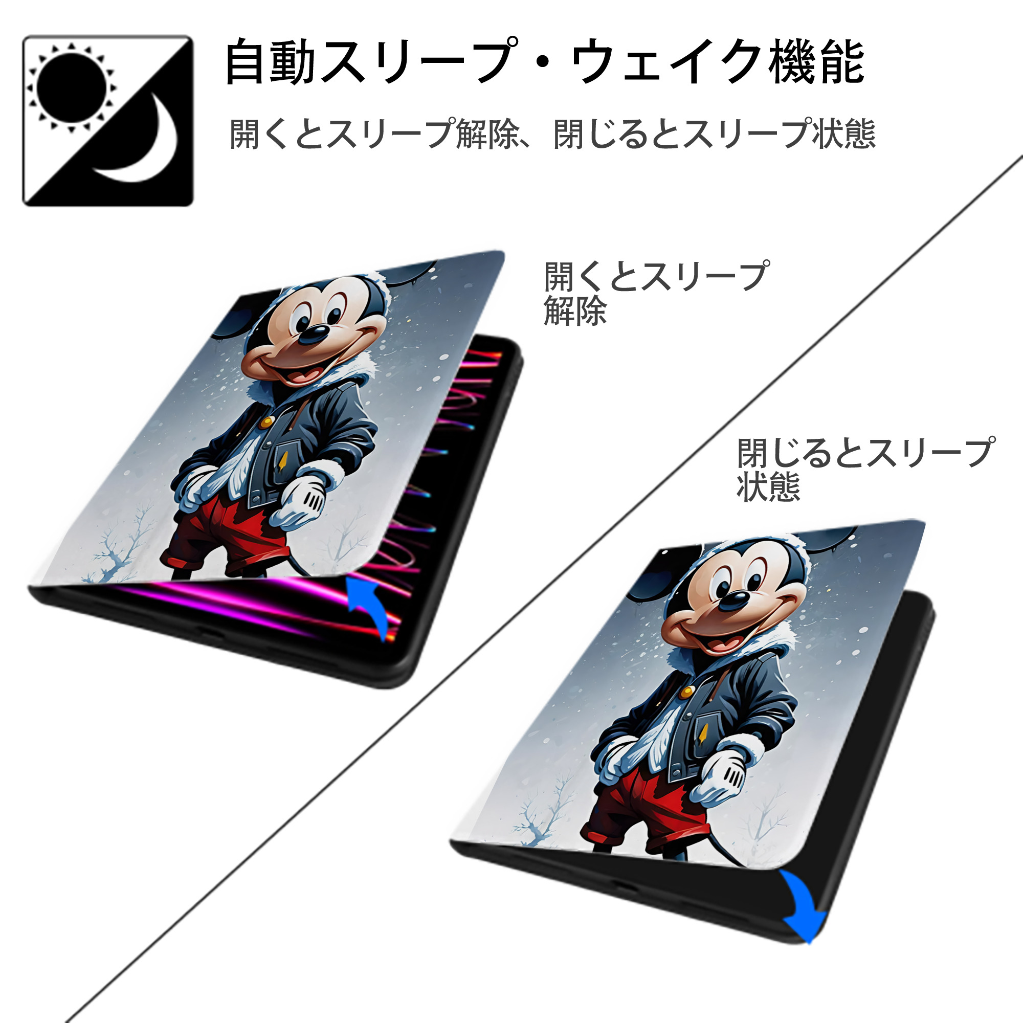 ミッキーマウス Mickey Mouse IPad ケース ペン収納付き 三つ折りスタンド PUレザー×シリコン 対応機種9.5/10.5/10.9インチ
