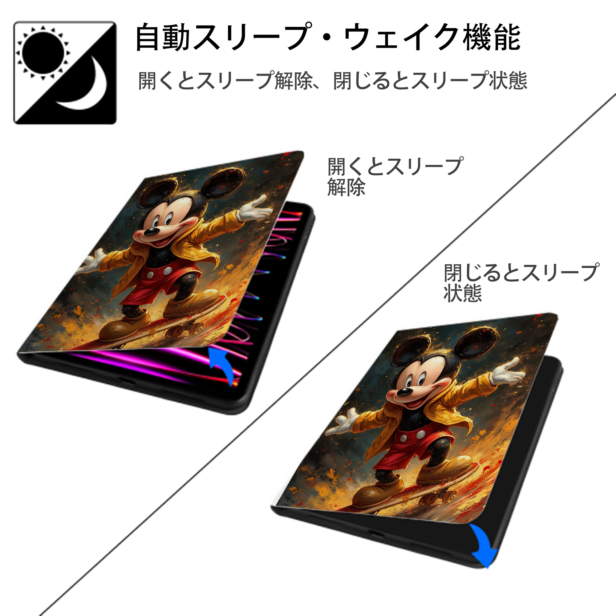 ミッキーマウス Mickey Mouse IPad ケース ペン収納付き 三つ折りスタンド PUレザー×シリコン 対応機種9.5/10.5/10.9インチ