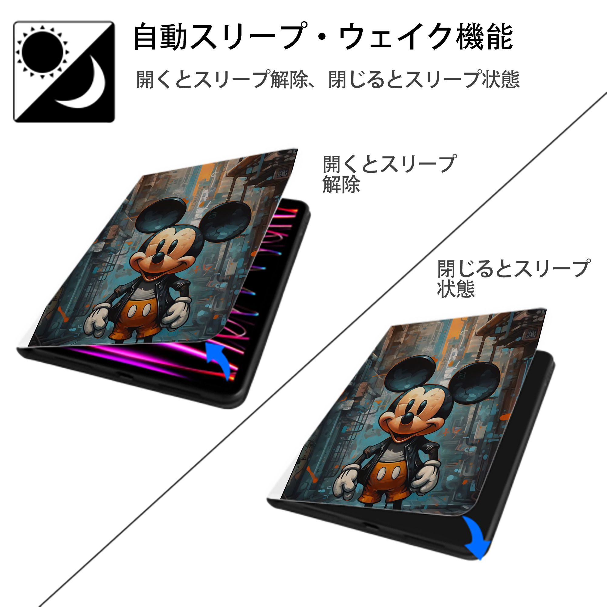 ミッキーマウス Mickey Mouse IPad ケース ペン収納付き 三つ折りスタンド PUレザー×シリコン 対応機種9.5/10.5/10.9インチ