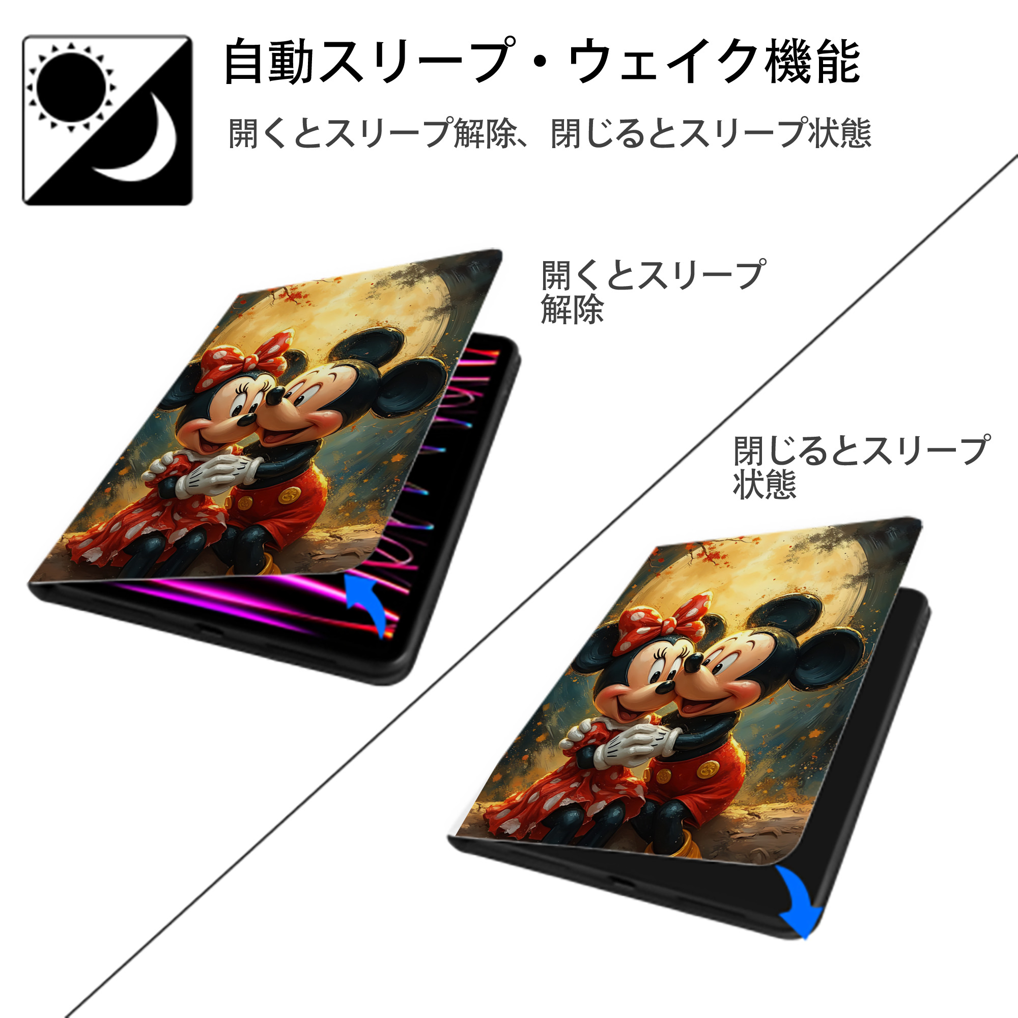 ミッキーマウス Mickey Mouse IPad ケース ペン収納付き 三つ折りスタンド PUレザー×シリコン 対応機種9.5/10.5/10.9インチ