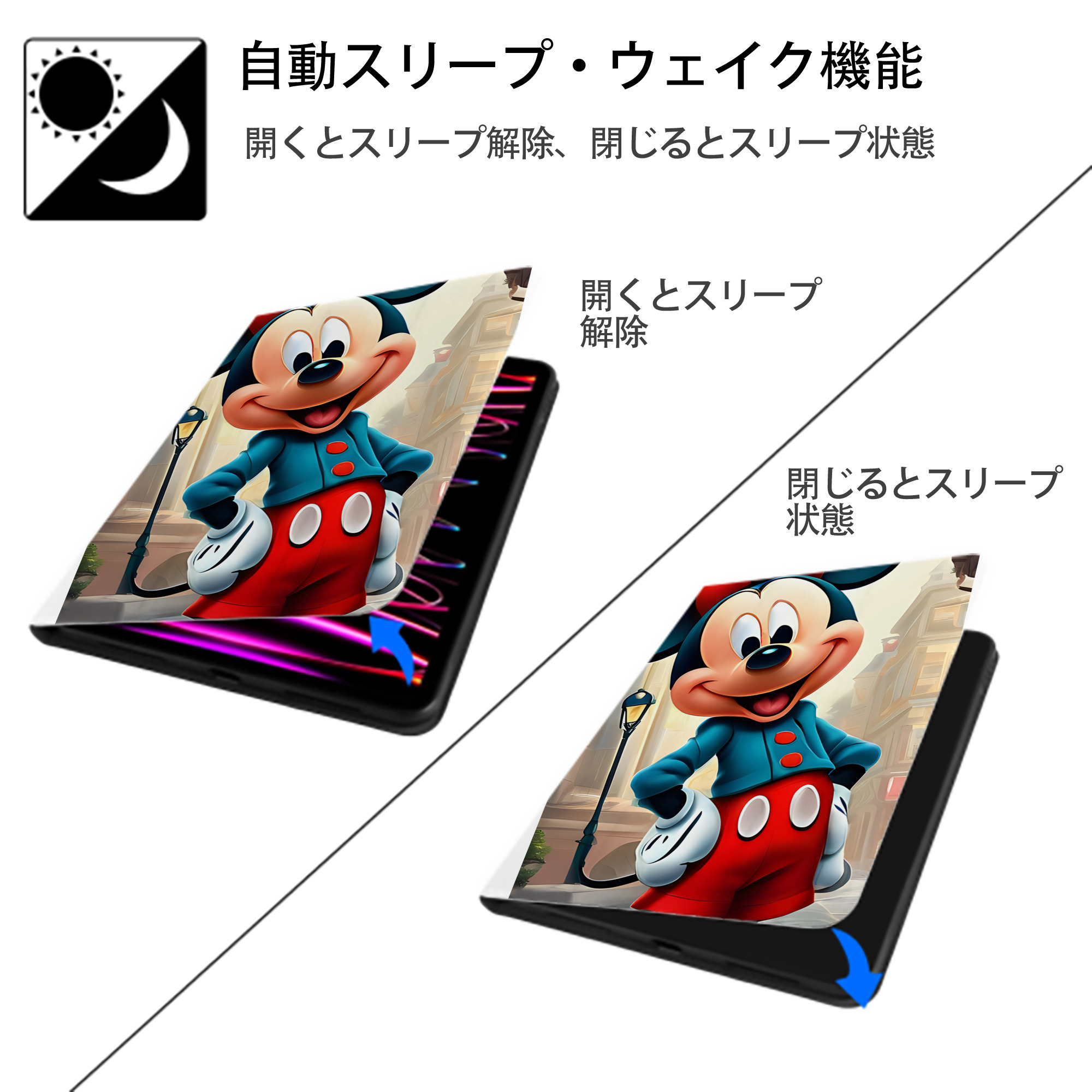 ミッキーマウス Mickey Mouse IPad ケース ペン収納付き 三つ折りスタンド PUレザー×シリコン 対応機種9.5/10.5/10.9インチ