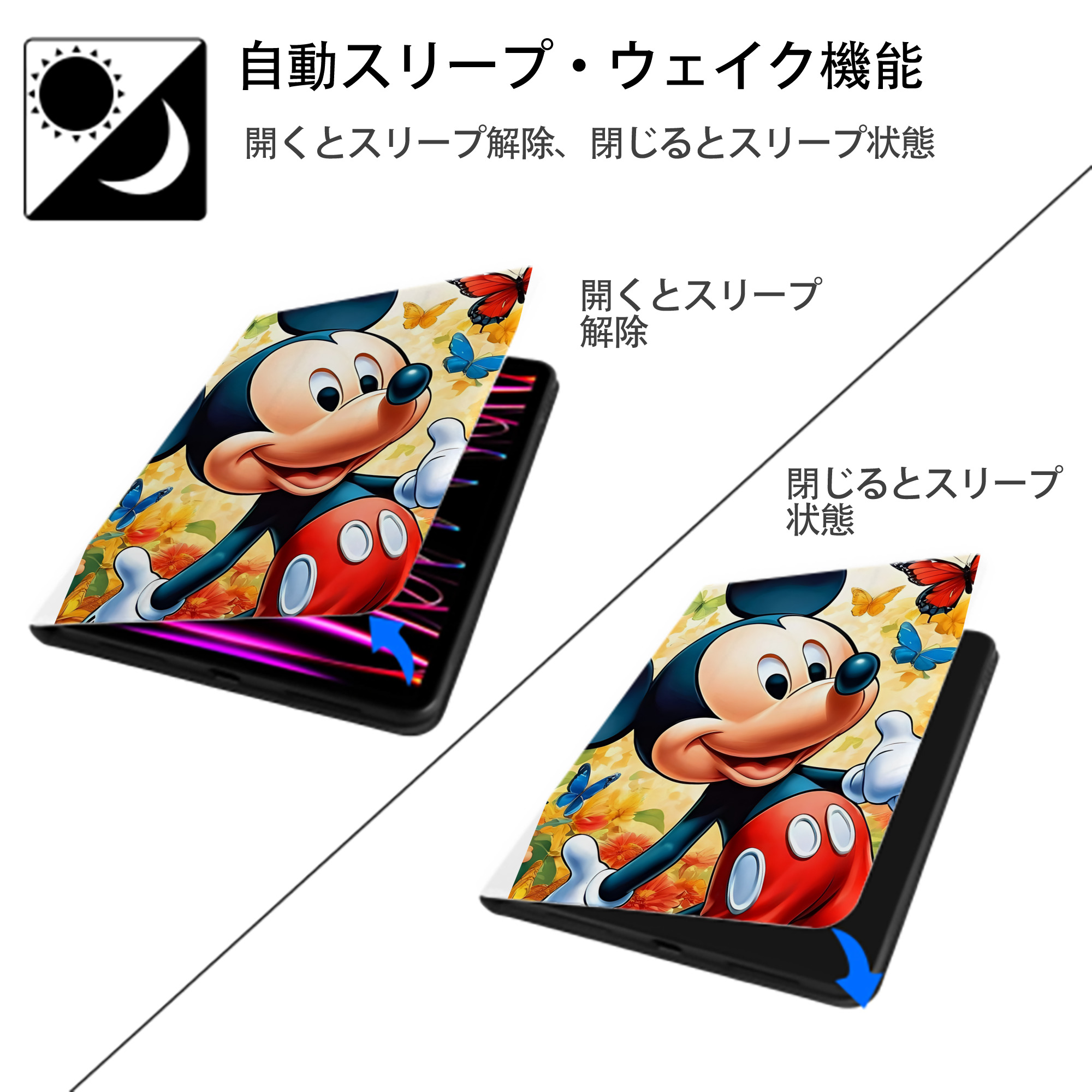 ミッキーマウス Mickey Mouse IPad ケース ペン収納付き 三つ折りスタンド PUレザー×シリコン 対応機種9.5/10.5/10.9インチ