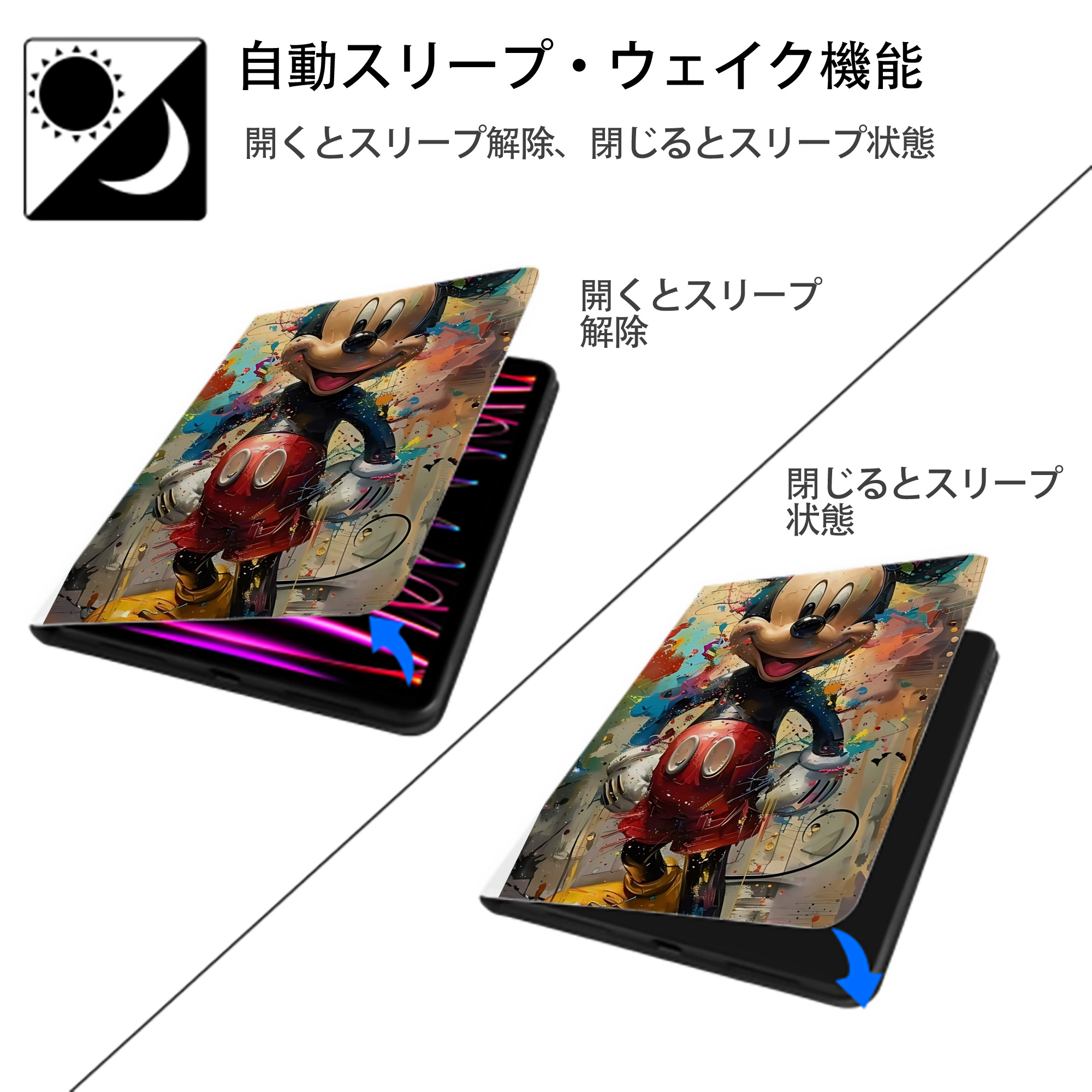 ミッキーマウス Mickey Mouse IPad ケース ペン収納付き 三つ折りスタンド PUレザー×シリコン 対応機種9.5/10.5/10.9インチ