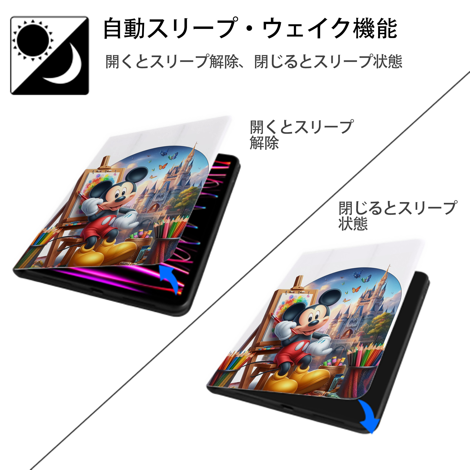 ミッキーマウス Mickey Mouse IPad ケース ペン収納付き 三つ折りスタンド PUレザー×シリコン 対応機種9.5/10.5/10.9インチ