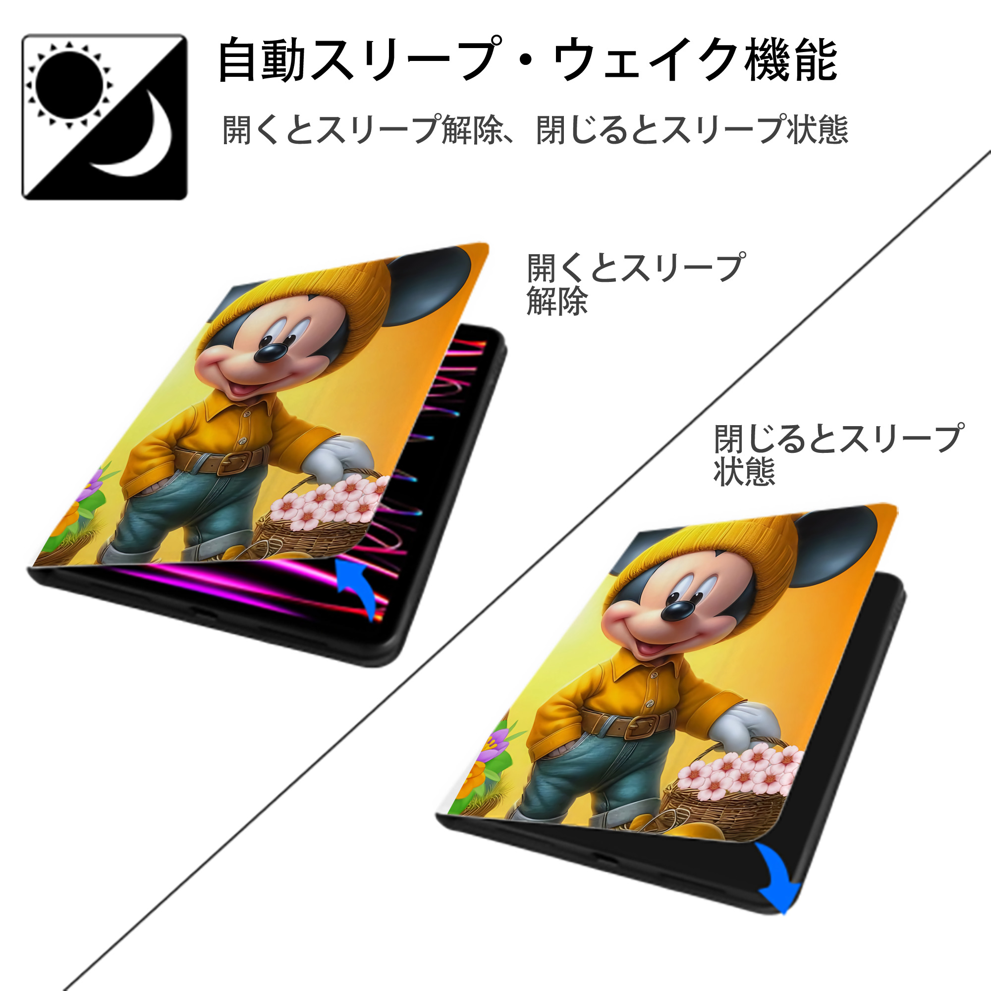 ミッキーマウス Mickey Mouse IPad ケース ペン収納付き 三つ折りスタンド PUレザー×シリコン 対応機種9.5/10.5/10.9インチ