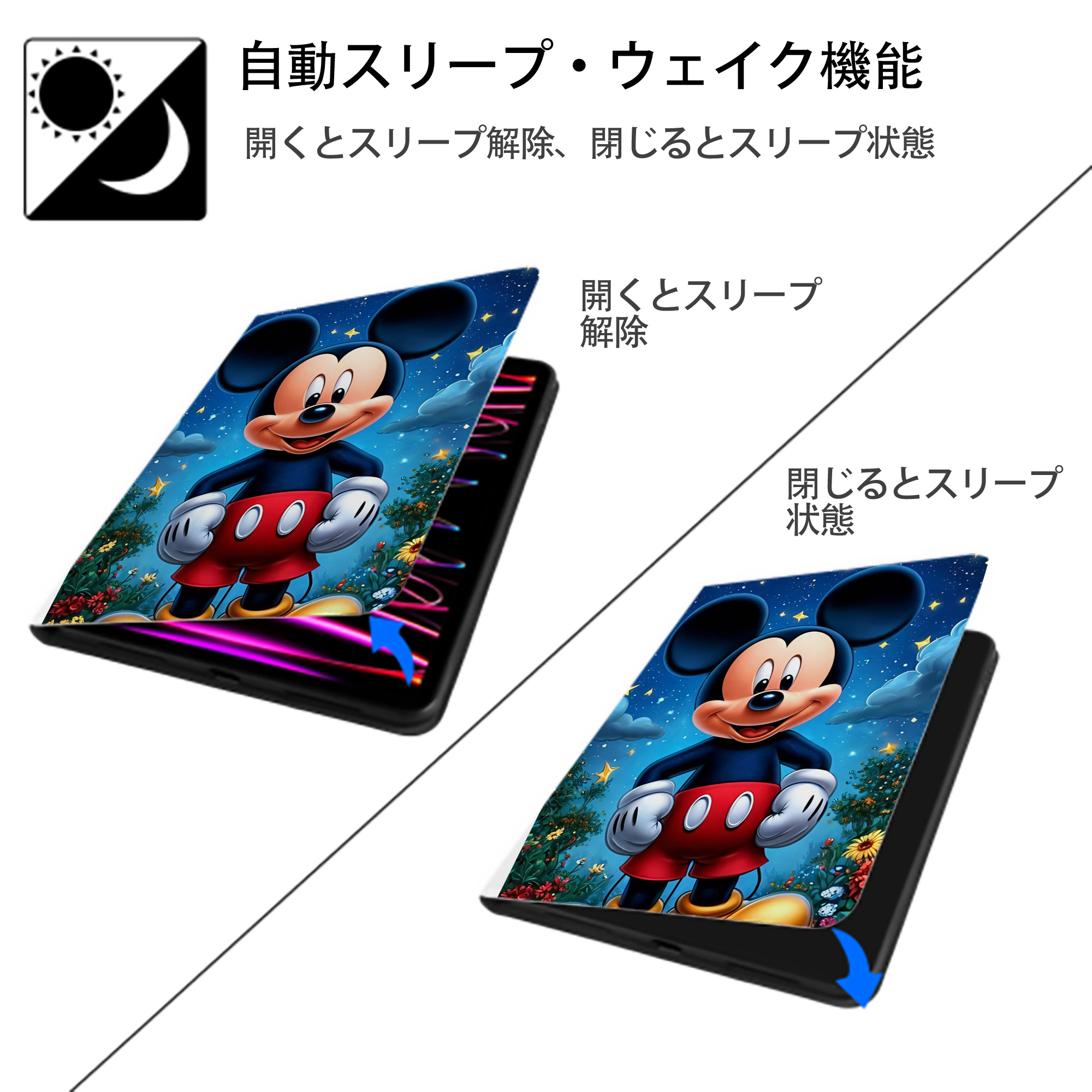 ミッキーマウス Mickey Mouse IPad ケース ペン収納付き 三つ折りスタンド PUレザー×シリコン 対応機種9.5/10.5/10.9インチ