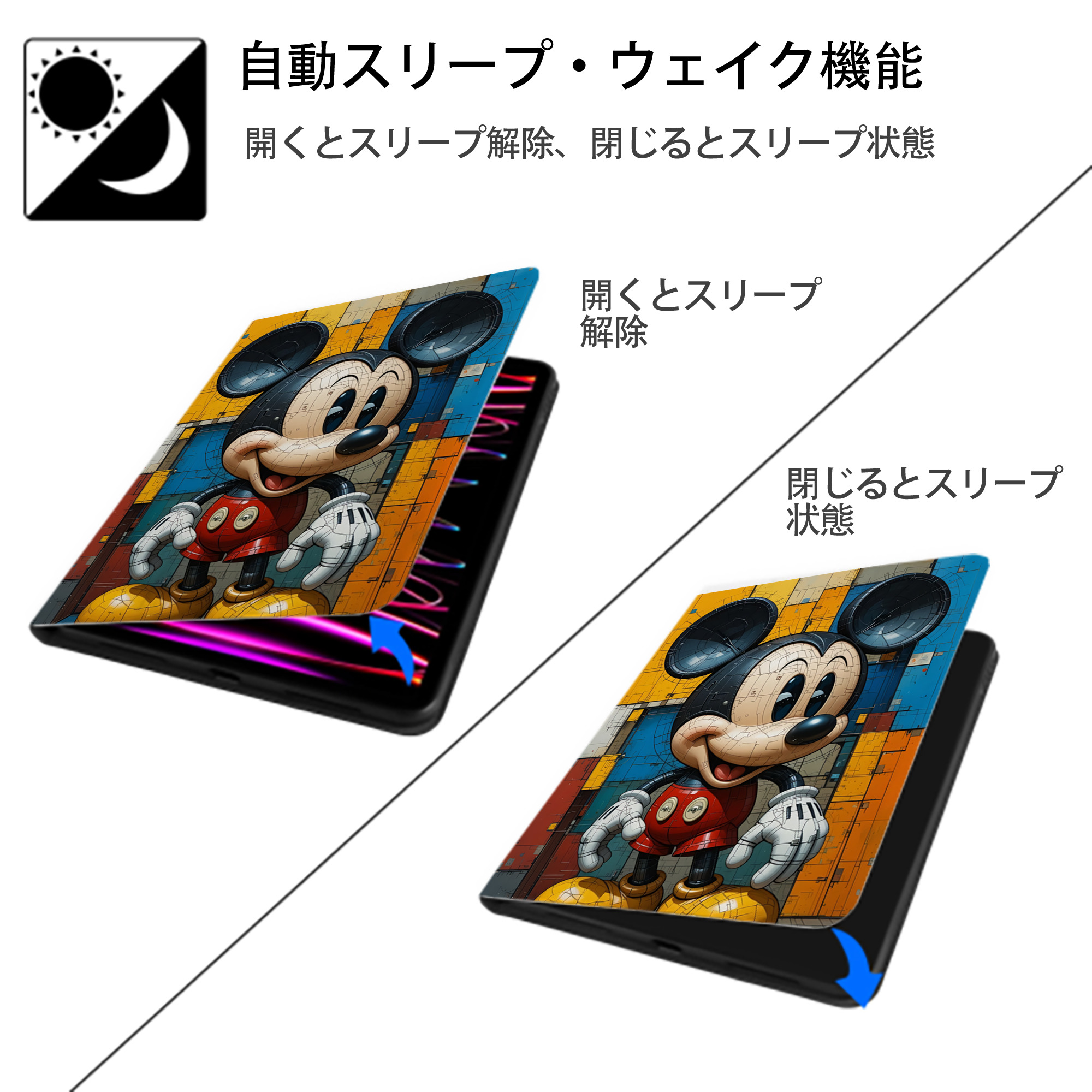 ミッキーマウス Mickey Mouse IPad ケース ペン収納付き 三つ折りスタンド PUレザー×シリコン 対応機種9.5/10.5/10.9インチ