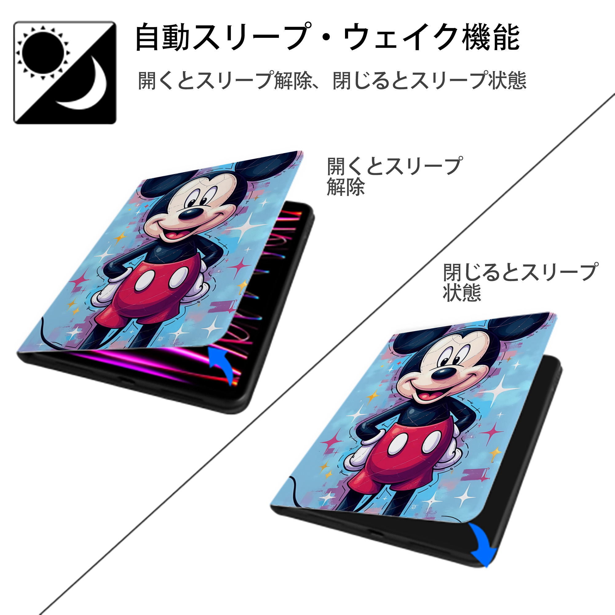 ミッキーマウス Mickey Mouse IPad ケース ペン収納付き 三つ折りスタンド PUレザー×シリコン 対応機種9.5/10.5/10.9インチ