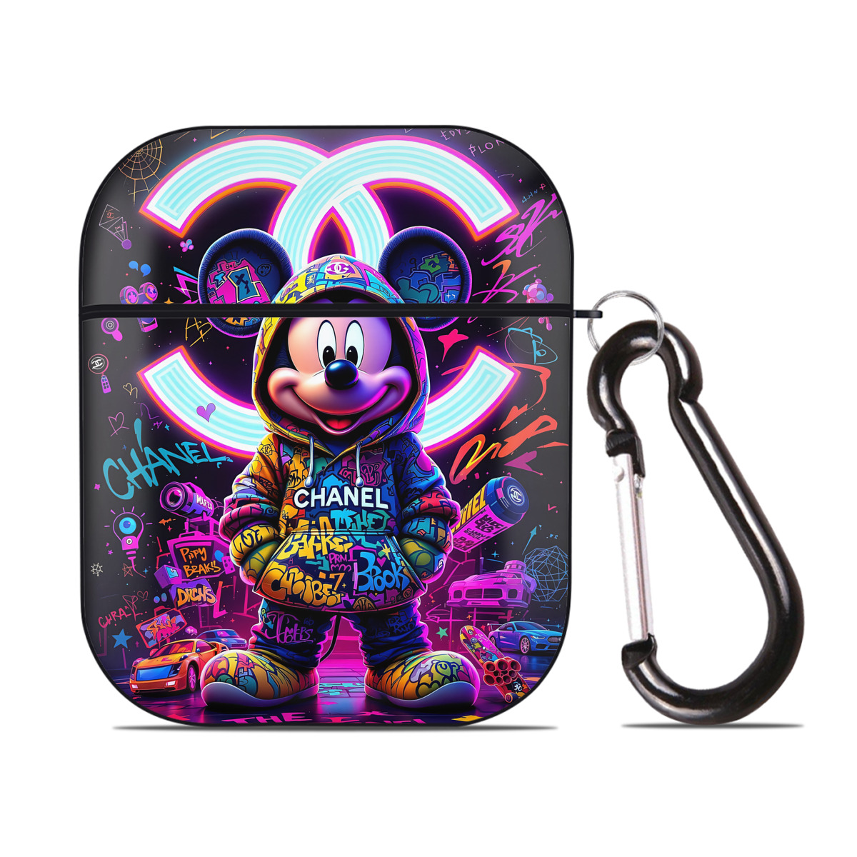 （画像用） ミッキーマウス Mickey Mouse AirPods 第2世代保護ケース ハードシェル ブラック 耐衝撃・防指紋・カラビナ付き