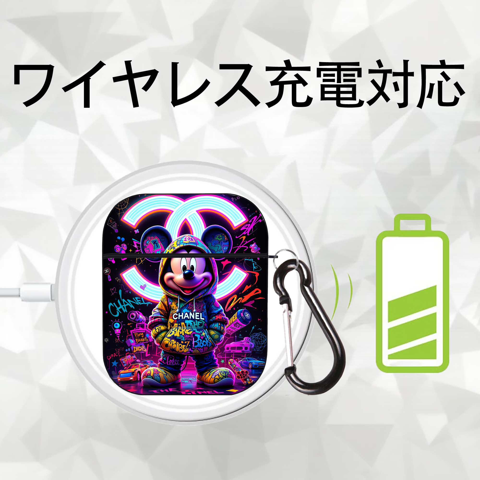 ミッキーマウス Mickey Mouse AirPods 第2世代保護ケース ハードシェル ブラック 耐衝撃・防指紋・カラビナ付き