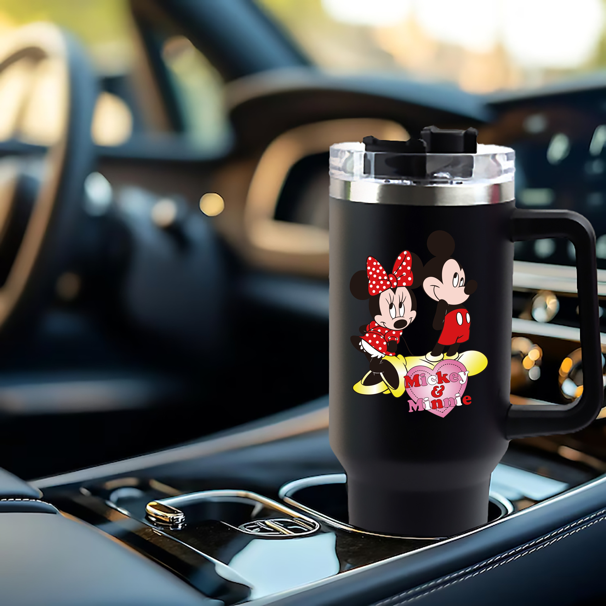 ミッキーマウス Mickey Mouse 1200mL車用タンブラー - クリスタルステッカー（プラスチックストロー付き）