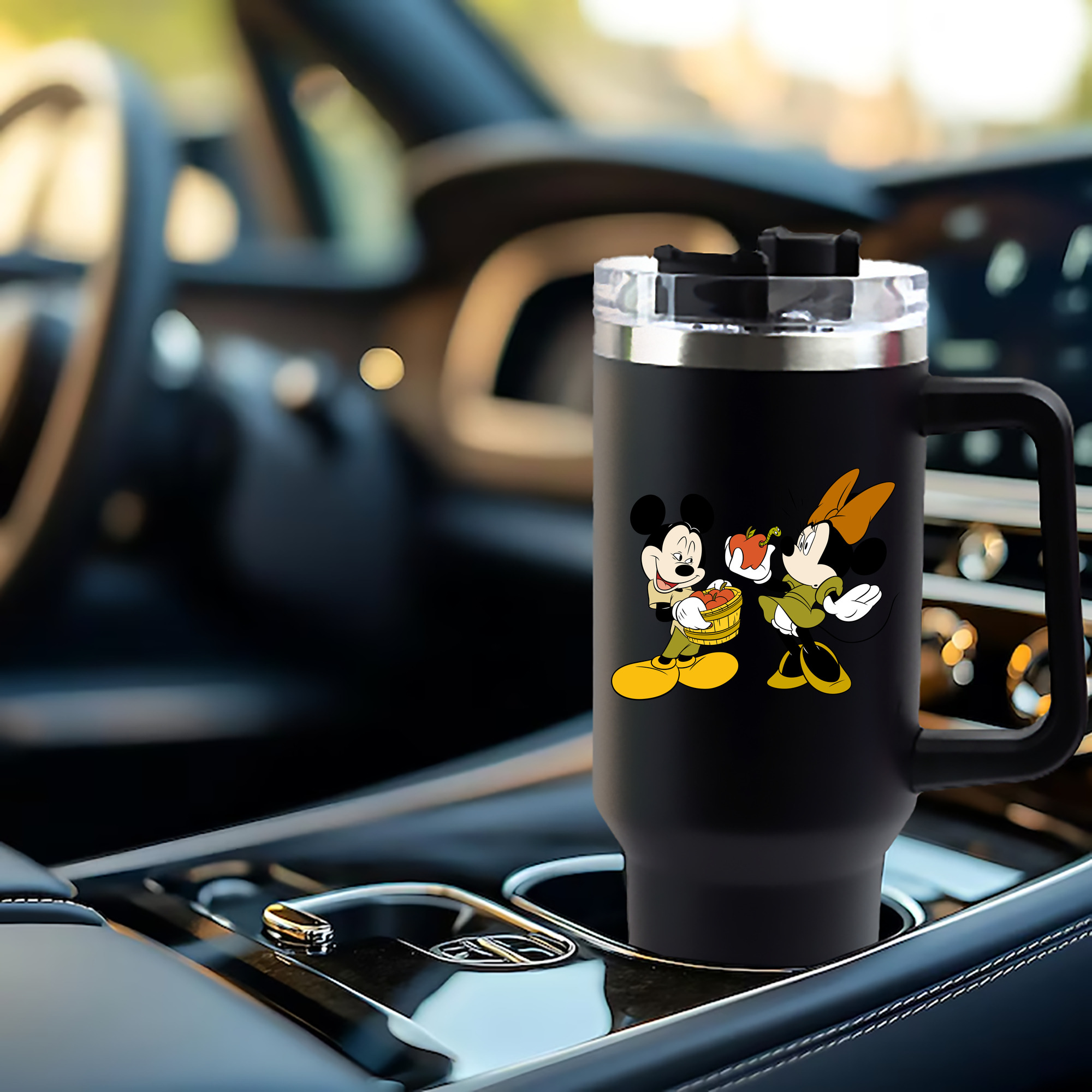 ミッキーマウス Mickey Mouse 1200mL車用タンブラー - クリスタルステッカー（プラスチックストロー付き）