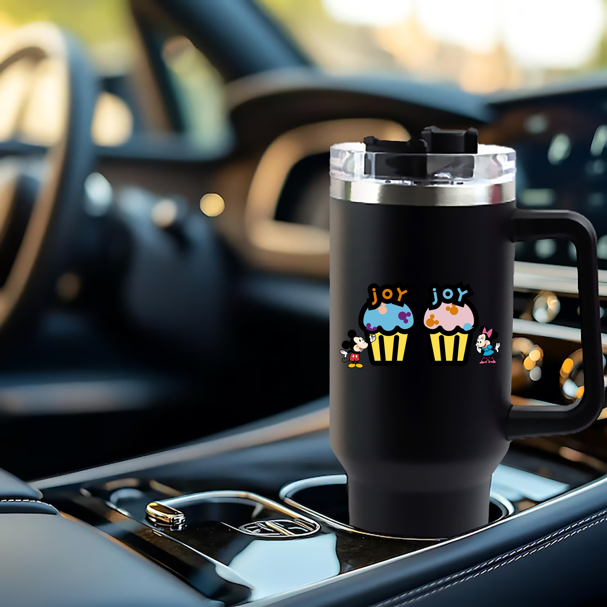 ミッキーマウス Mickey Mouse 1200mL車用タンブラー - クリスタルステッカー（プラスチックストロー付き）