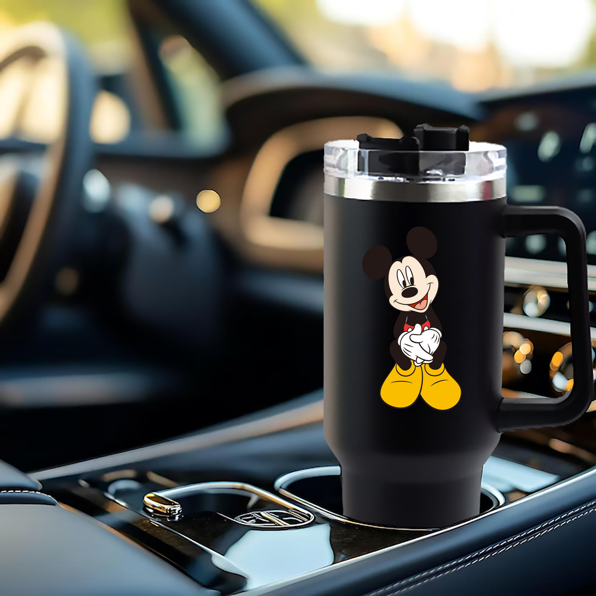 ミッキーマウス Mickey Mouse 1200mL車用タンブラー - クリスタルステッカー（プラスチックストロー付き）
