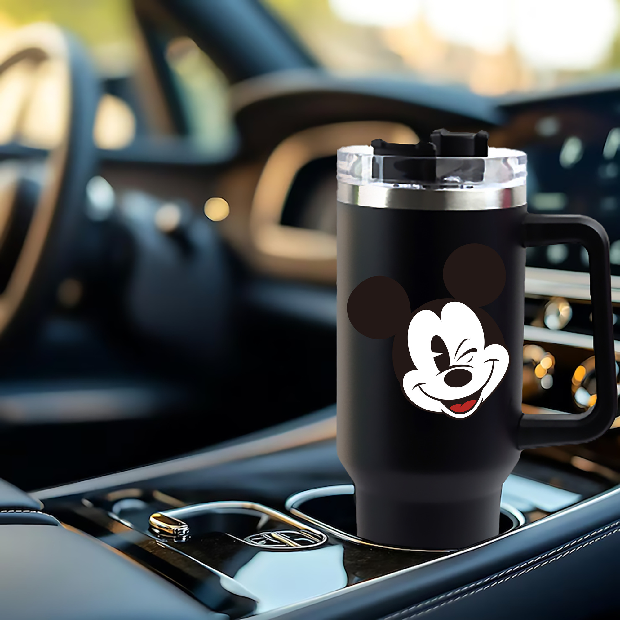 ミッキーマウス Mickey Mouse 1200mL車用タンブラー - クリスタルステッカー（プラスチックストロー付き）