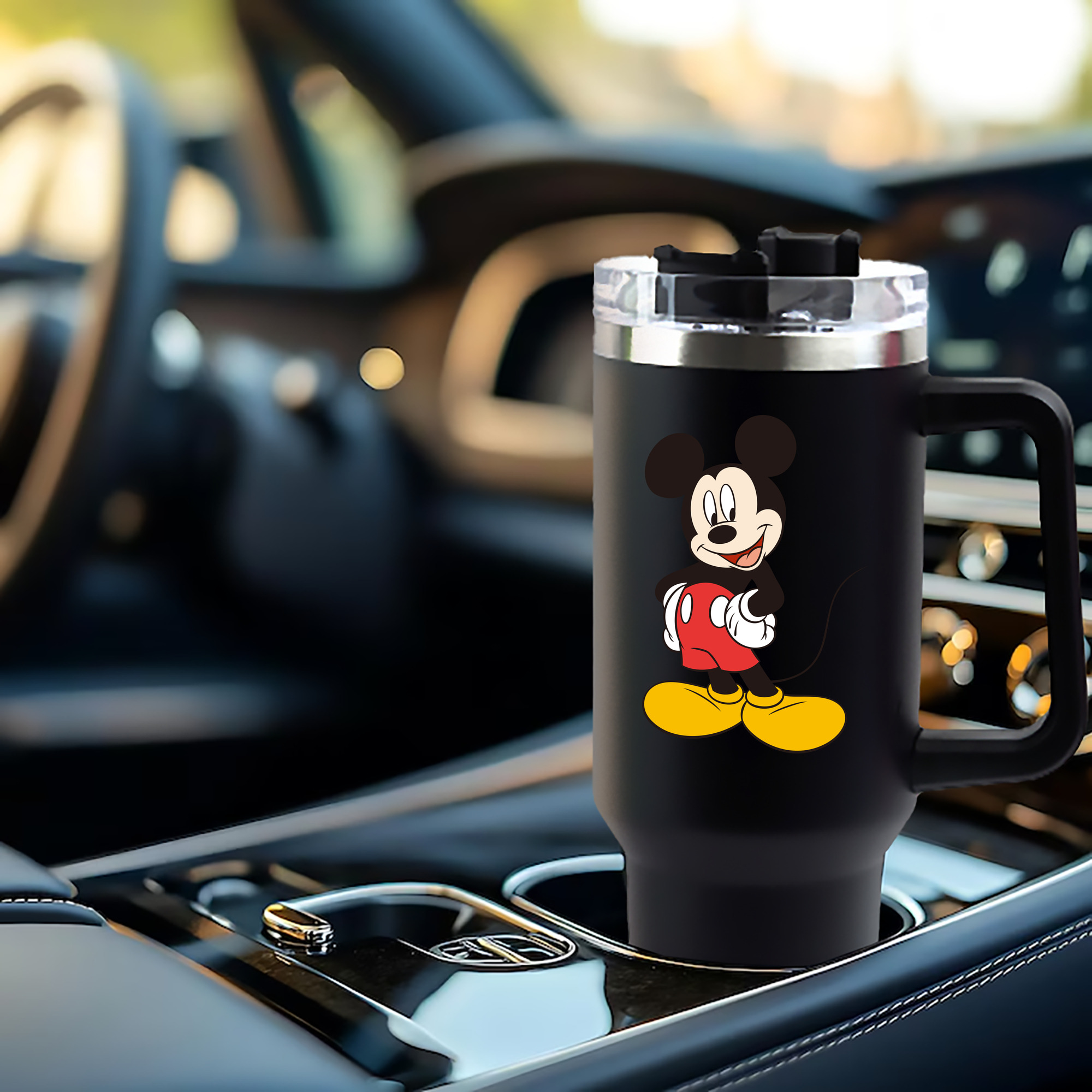 ミッキーマウス Mickey Mouse 1200mL車用タンブラー - クリスタルステッカー（プラスチックストロー付き）