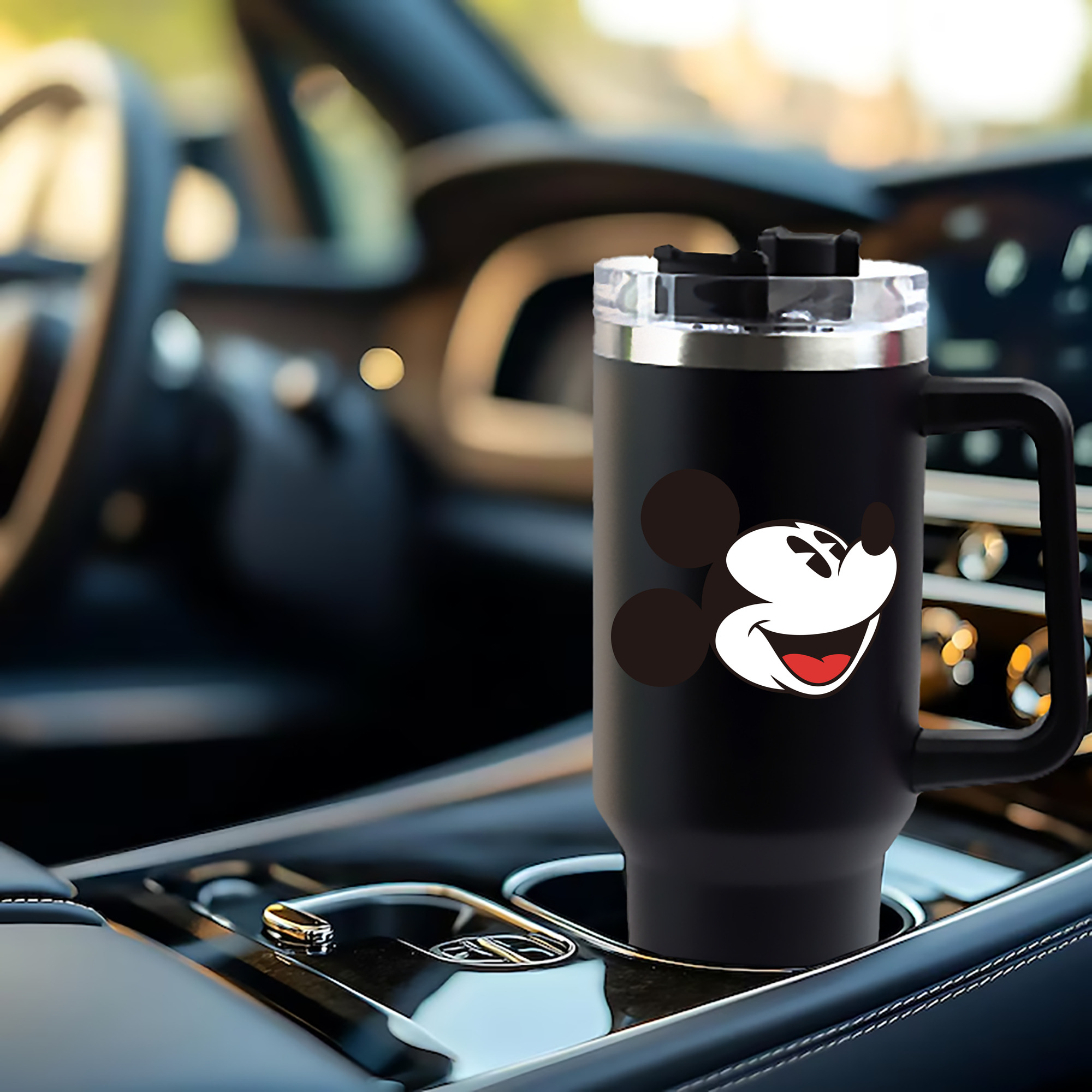 ミッキーマウス Mickey Mouse 1200mL車用タンブラー - クリスタルステッカー（プラスチックストロー付き）